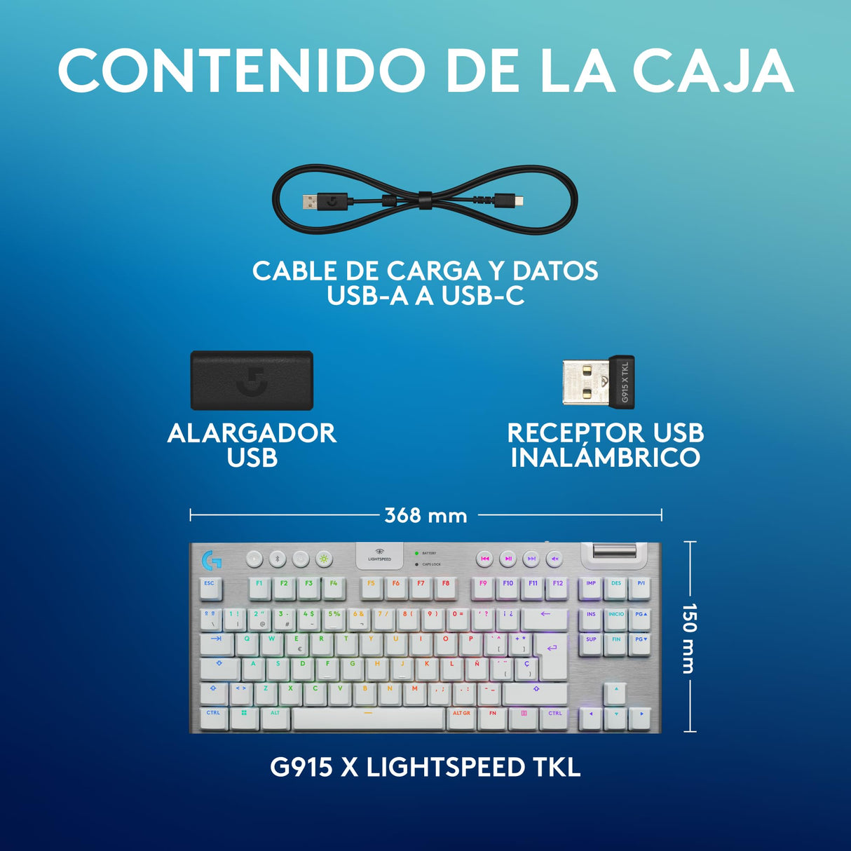 Logitech G G915 X LIGHTSPEED TKL Teclado para gaming inalámbrico de perfil bajo, teclas de PBT de doble moldeado, elegante acabado en aluminio, táctil marrón GL - PC/Mac, QWERTY US - Blanco