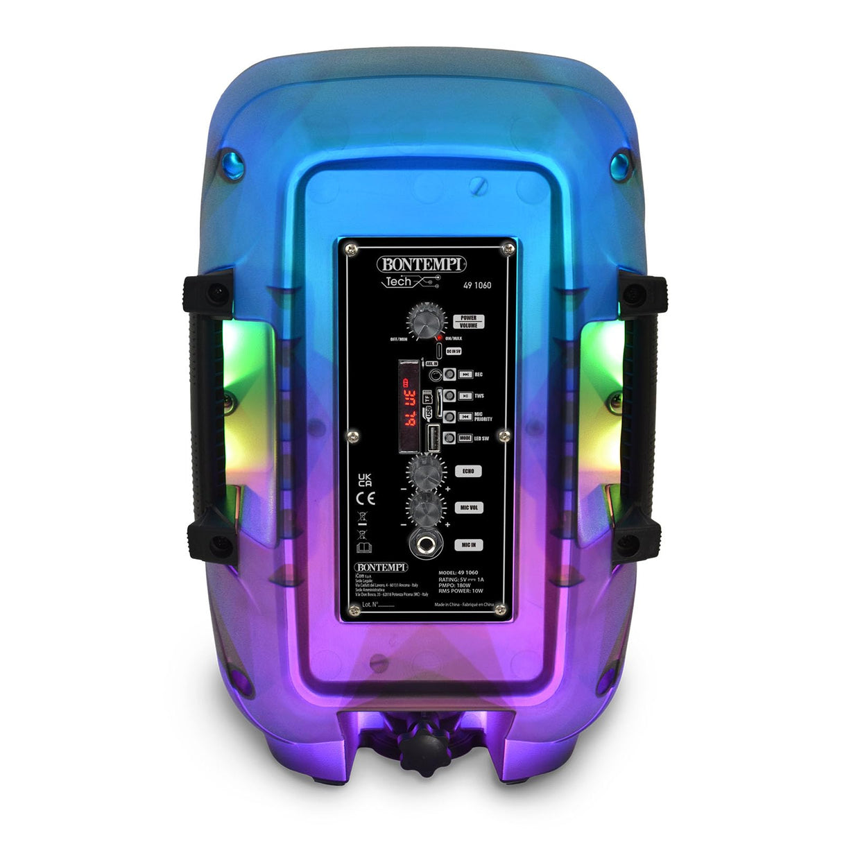 Bontempi | Altavoz Acústico Luminoso Inalámbrico con Micrófono y Luces RGB, Mando a Distancia, Pantalla, Función TWS, 37x24x19.5 cm