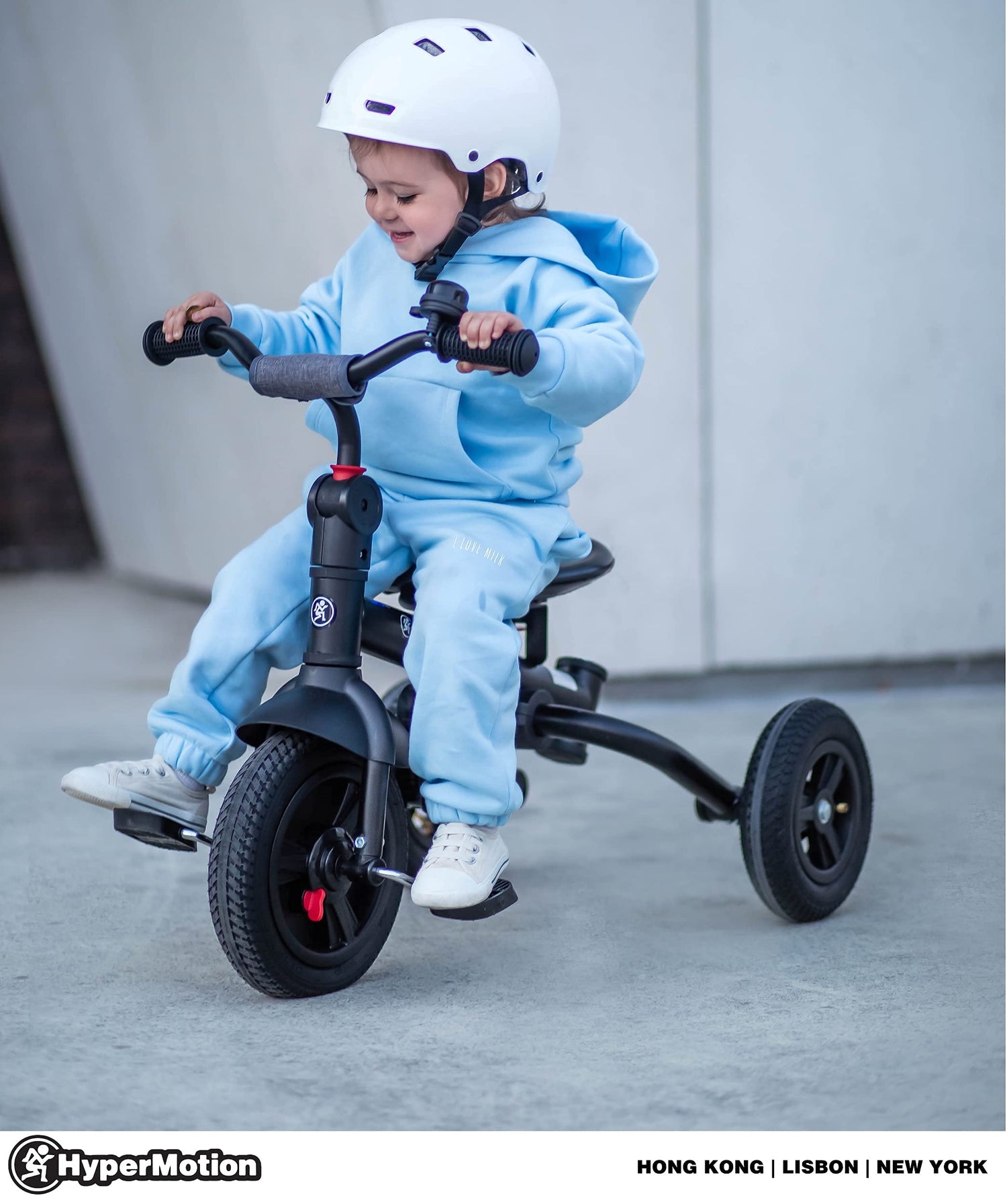 HyperMotion Triciclo Infantil 3 en 1 - Coche para Bebé con Asiento Giratorio y Cubierta de Lluvia - Triciclo Evolutivo 12 Meses a 5 Años, Plegable, Ruedas Bombeadas, 25kg, Gris