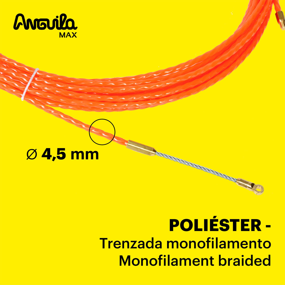 Anguila Max 7.5145.032 Guía pasacables Especial Rectas Poliéster Trenzada Monofilamento 4,5mm 32 Metros y terminales Mixtos, Naranja