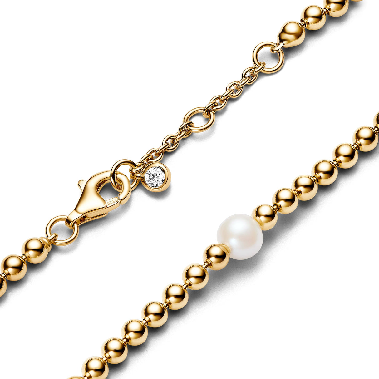 Pandora Timeless Pulsera con cuentas chapada en oro de 14 quilates con perla blanca cultivada de agua dulce tratada y circonitas cúbicas transparentes, 20