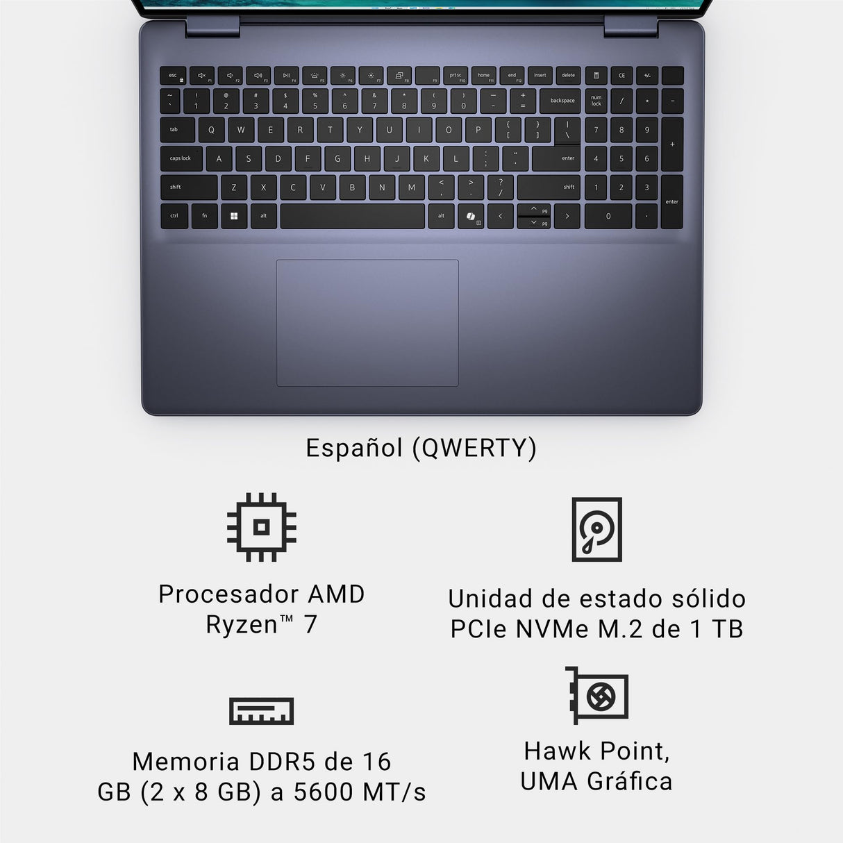 Dell Inspiron 16 5645 Ordenador Portátil de 16" 16:10 FHD+, AMD Ryzen 7 8840U, 16GB RAM, 1TB SSD, AMD Radeon Graphics, Windows 11 Home, Teclado retroiluminado QWERTY español Azul Medianoche