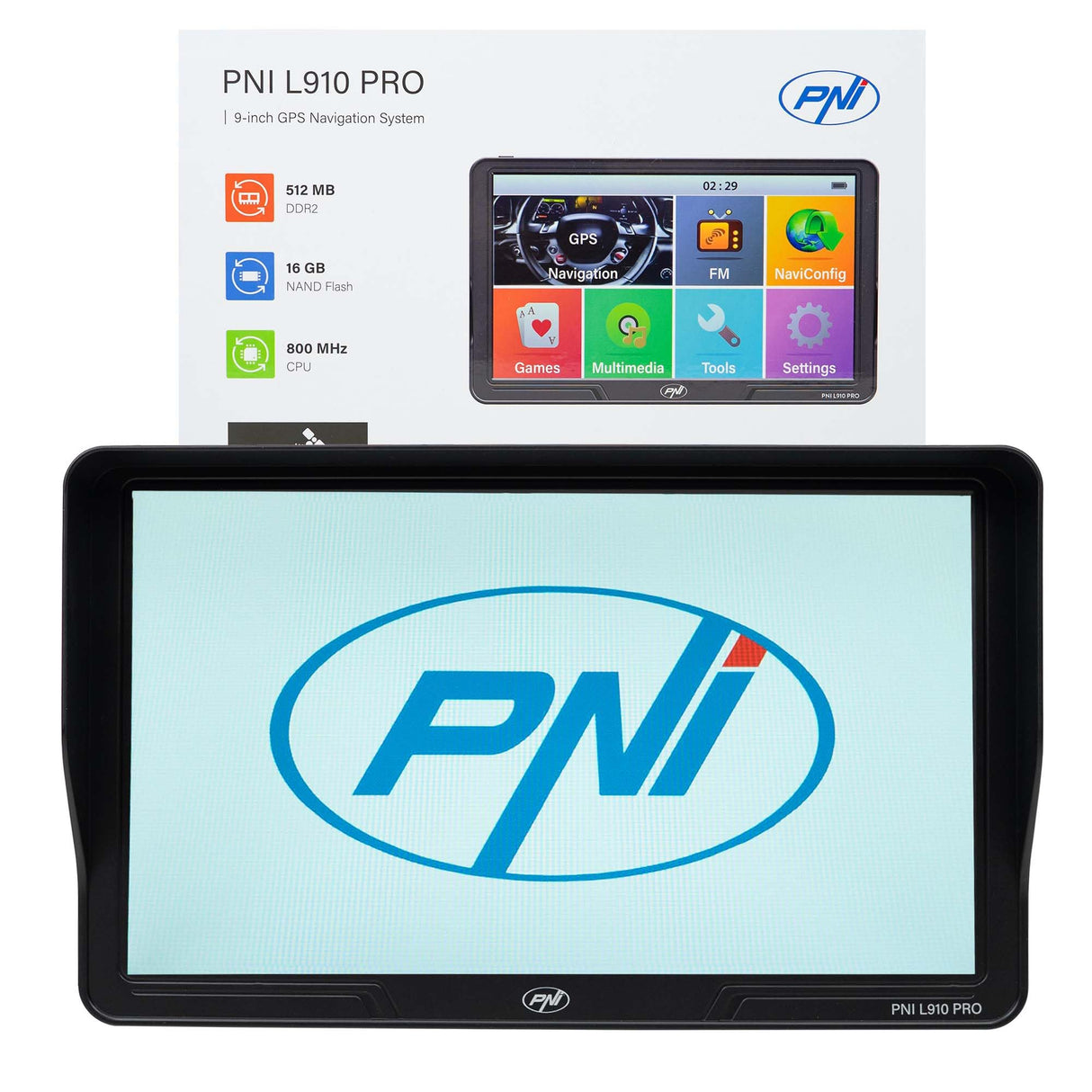 PNI L910 Pro - Navegador GPS con Parasol (9 Pulgadas, 800 MHz, 512 MB DDR, Memoria Interna de 16 GB, transmisor FM, Color Negro)