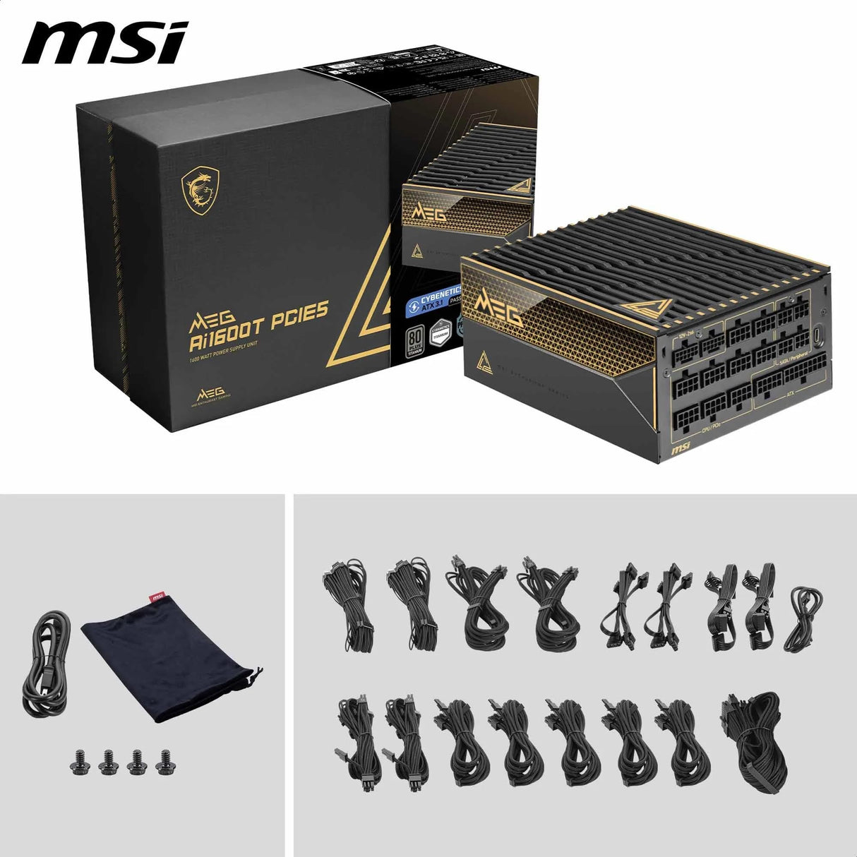 MSI Meg Ai1600T PCIE5 - Fuente de alimentación, 1600W, 80 Plus Titanium, ATX 3.1, PCIe 5.1 GPU Support, Dual-Native 12V-2x6, Cables con Conectores Dual-Color 12V-2x6, ATX PSU, Cable Trenzado