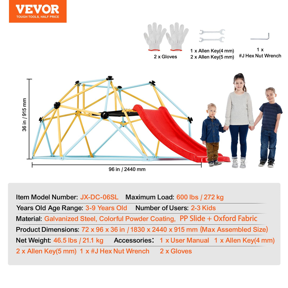 VEVOR- Escalador de cúpula, Color Blue+Yellow, 72 x 96 x 36 in / 183 x 244 x 91.5 cm (8FT Climbing Dome)