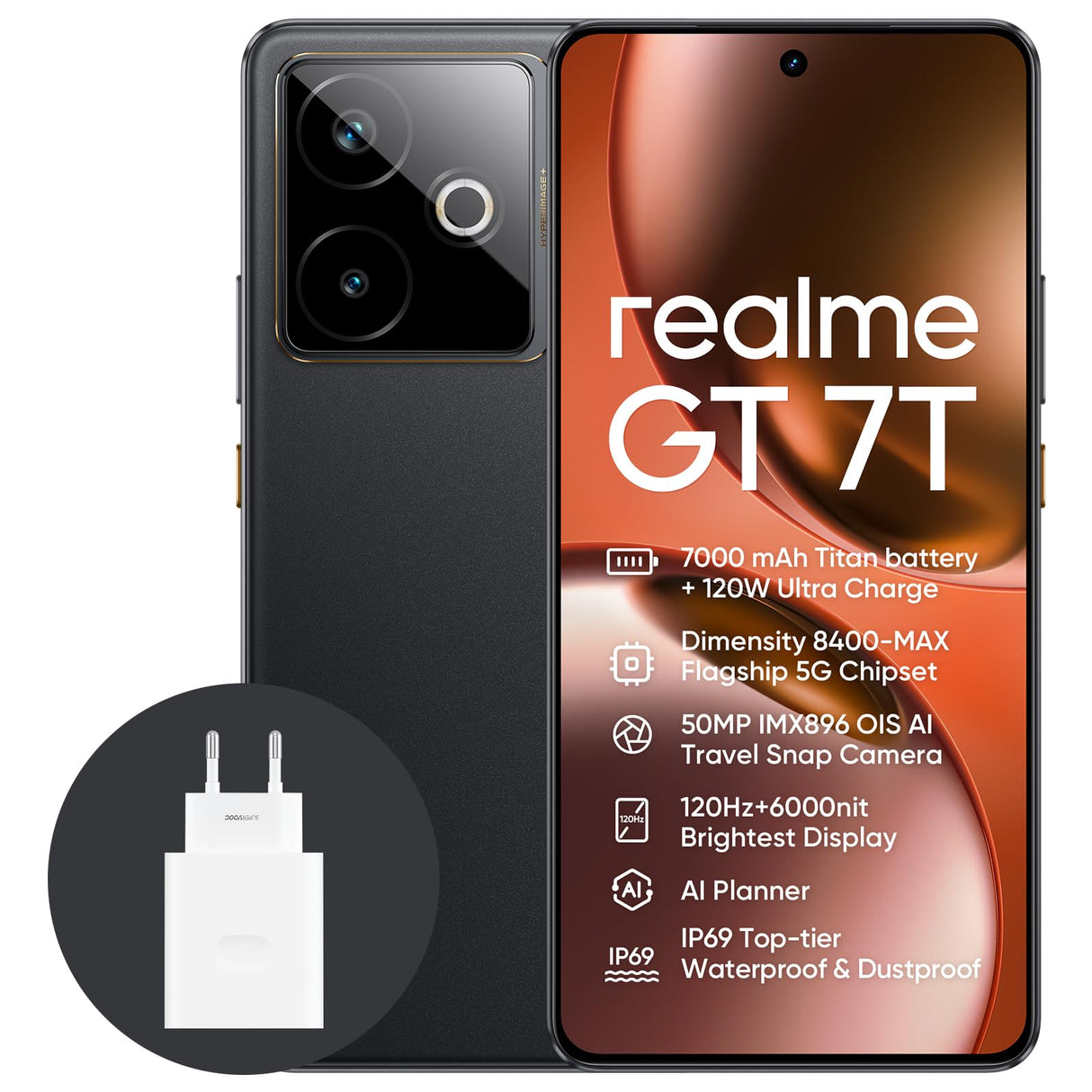 realme GT 7T 5G Smartphone,12+512GB, Batería de 7000 mAh,Carga de 120W,Procesador Dimensity 8400-MAX,IMX896 50MP Cámara,AI Planner,Pantalla Pro-Esports de 6000 nits120Hz,IP69,Negro