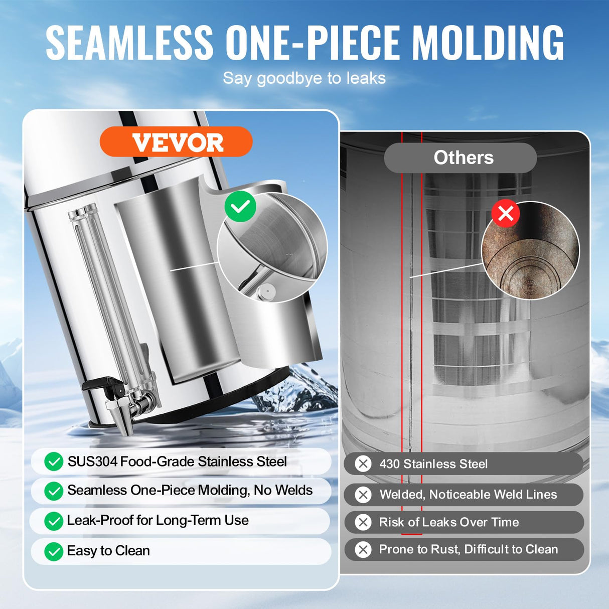 VEVOR Sistema de Filtración de Agua por Gravedad 8,5 L Sistema de Encimera Acero Inoxidable Reduce Plomo y hasta 99% de Cloro con 2 Filtros de Carbón y Grifo Nivel de Agua Visible para Camping