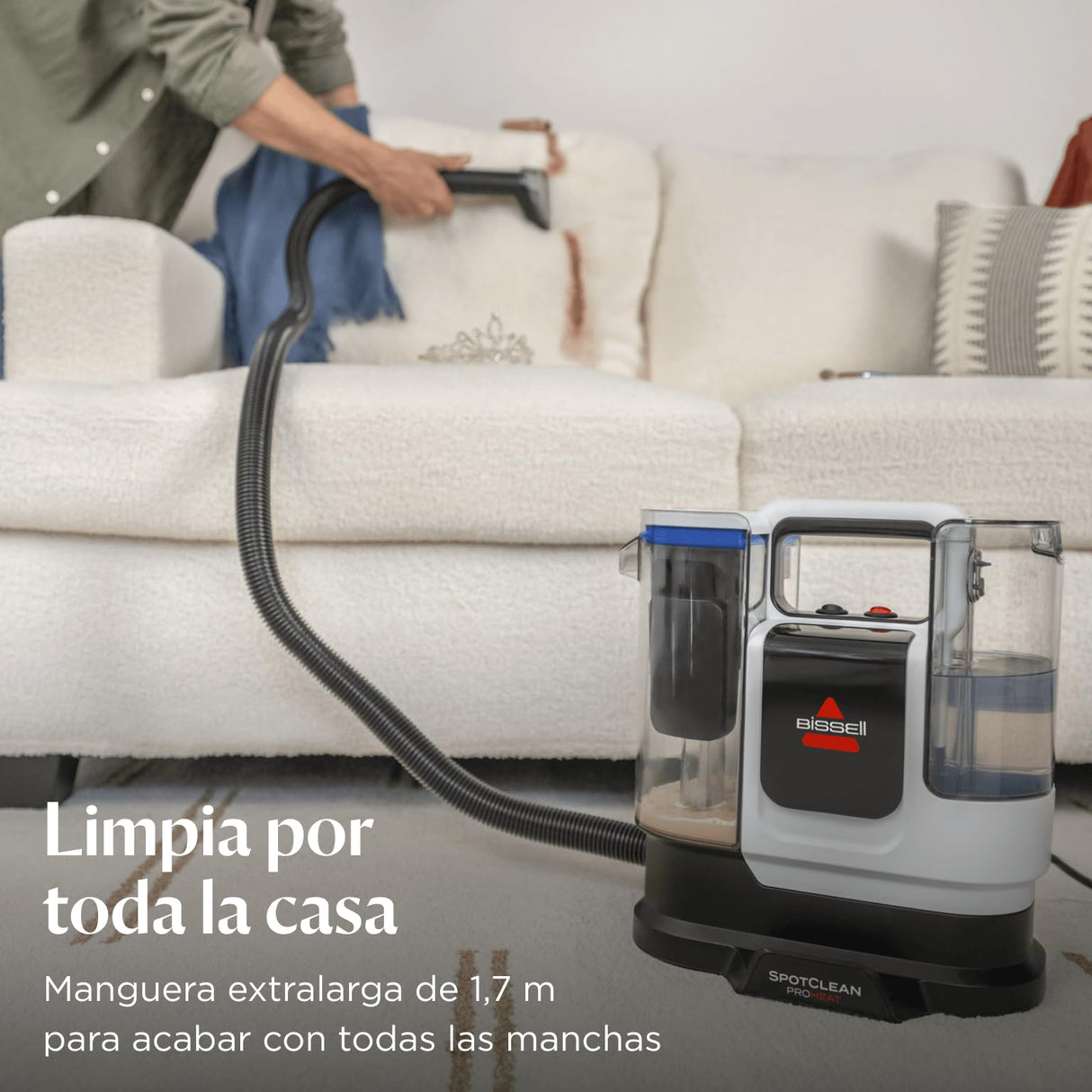BISSELL SpotClean ProHeat Advanced, Aspiradora de agua tapiceria, limpia tapicerias multisuperficie compacta, Potente 1125W, Sistema triple limpieza profunda para manchas difíciles, Con cable, 3924N