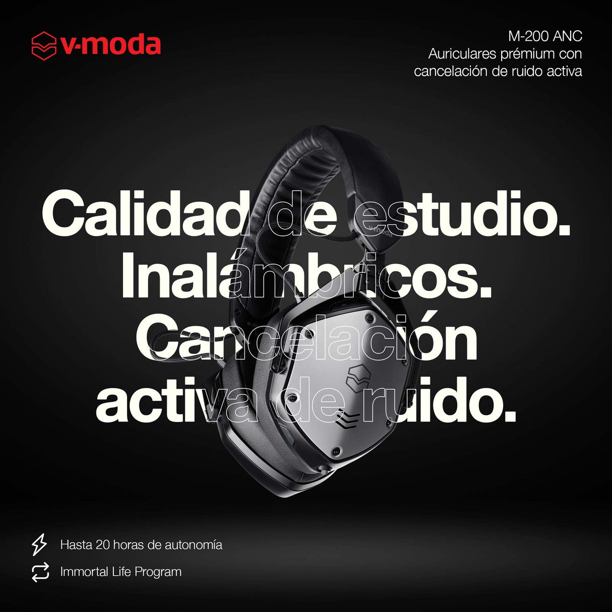 Auriculares con cancelación activa de ruido híbrida V-MODA M-200 ANC | Batería recargable con 20 horas de autonomía | Trasera cerrada | Flexibilidad inalámbrica | Compatible con Bluetooth 5.0