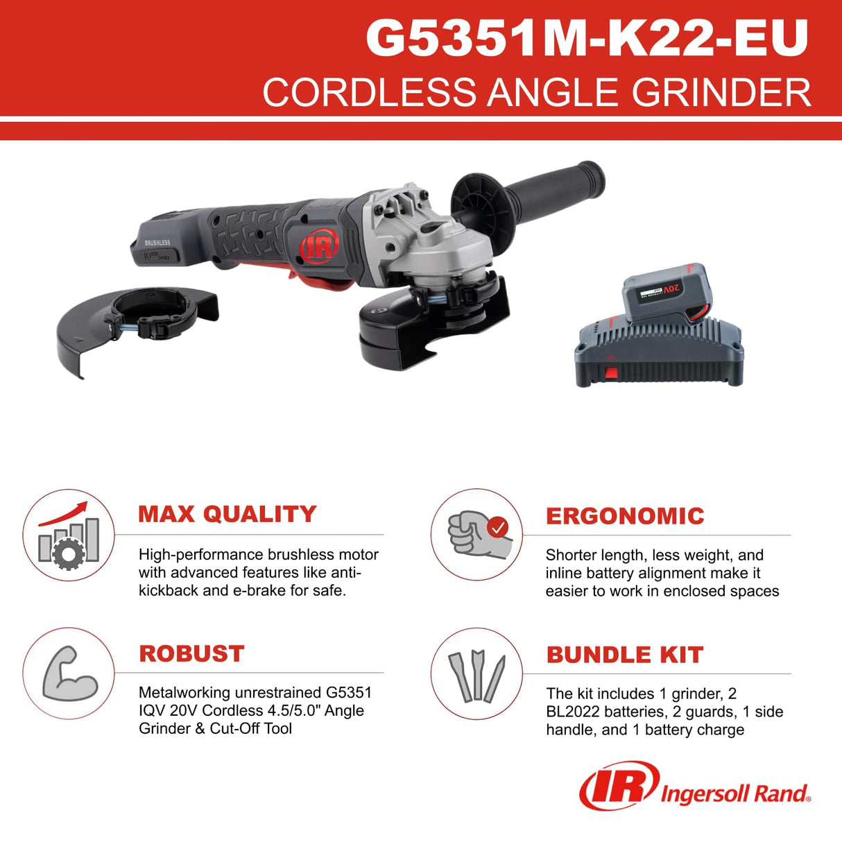 Ingersoll Rand Amoladora Angular Inalámbrica 20 V, 8000 rpm, 1HP, Disco de 4,5", Juego de 2 Baterías G5351M-K22-EU