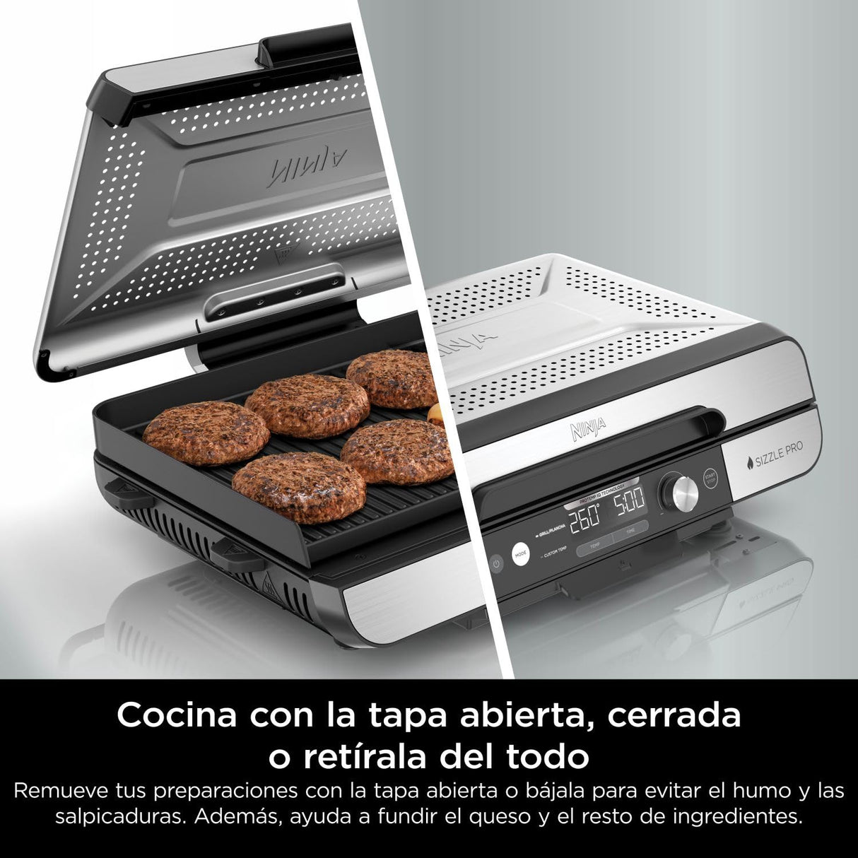 Ninja Sizzle Pro XL Parrilla y plancha para interior, con placa de parrilla y plancha cerámicas antiadherentes, tapa desmontable, recogegrasas y guía de recetas, color plateado/negro GX101EU
