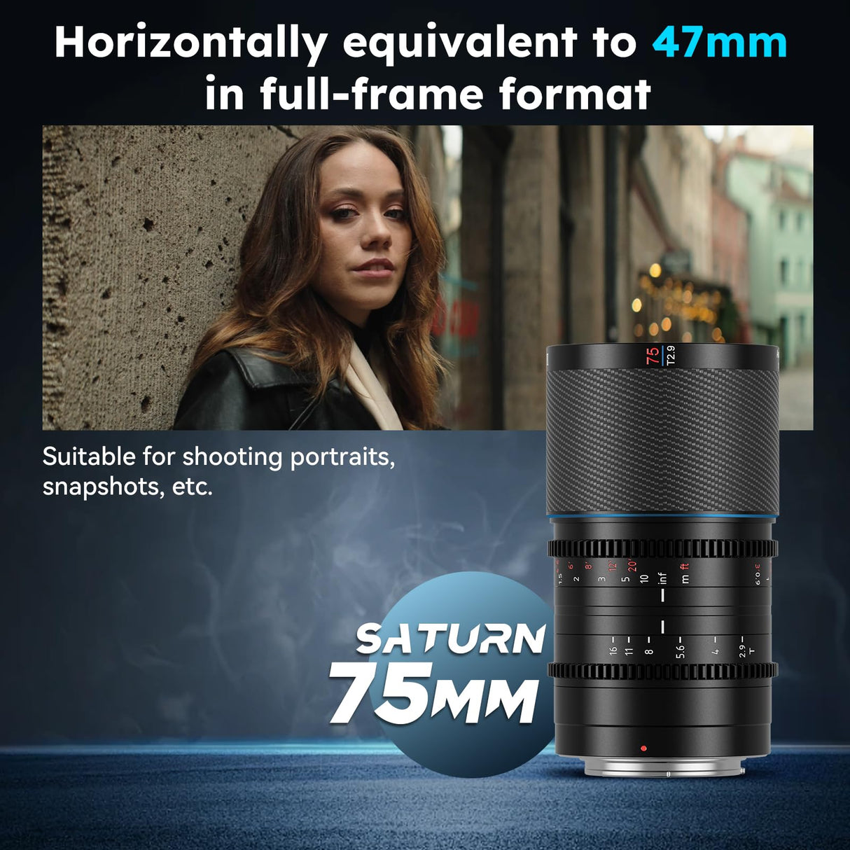 SIRUI Saturn 75mm T2.9 1.6X Full Frame Carbono Fibra Anamorphic Lens, Cine Cinema Objetivo Lens Lenses Lente Más Ligera Que 500g (Blue Flares, L Mount)