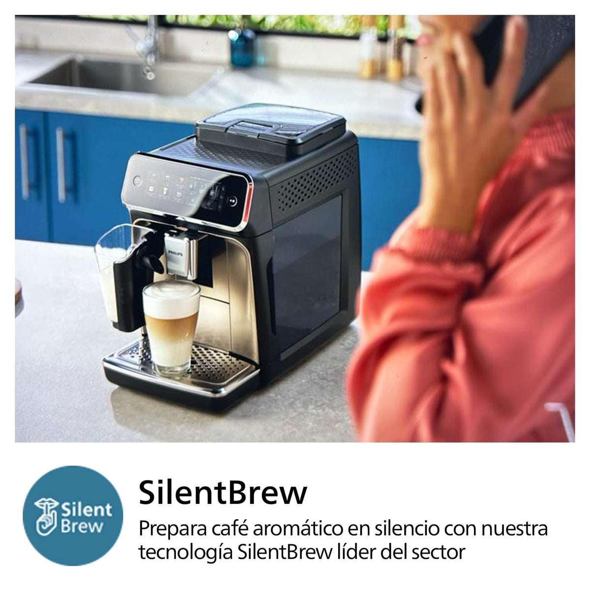 PHILIPS Serie 3300 Cafetera Superautomática - Sistema de leche LatteGo, 6 tipos de cafe, pantalla táctil, SilentBrew, Molinillo Cerámico, filtro AquaClean, Cromo negro (EP3347/90)