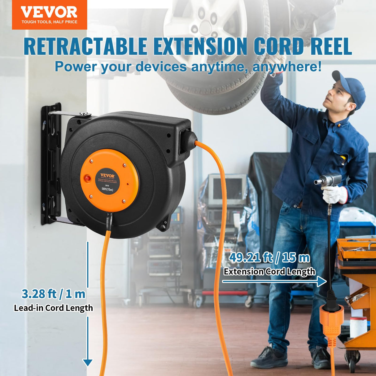 VEVOR Carrete de Cable de Extensión Retráctil 15 m 1600 W con Cable de Alimentación de 1 m Protección contra Sobrecalentamiento Carcasa de PP, Soporte Giratorio de 180° para Montaje en Techo, Pared
