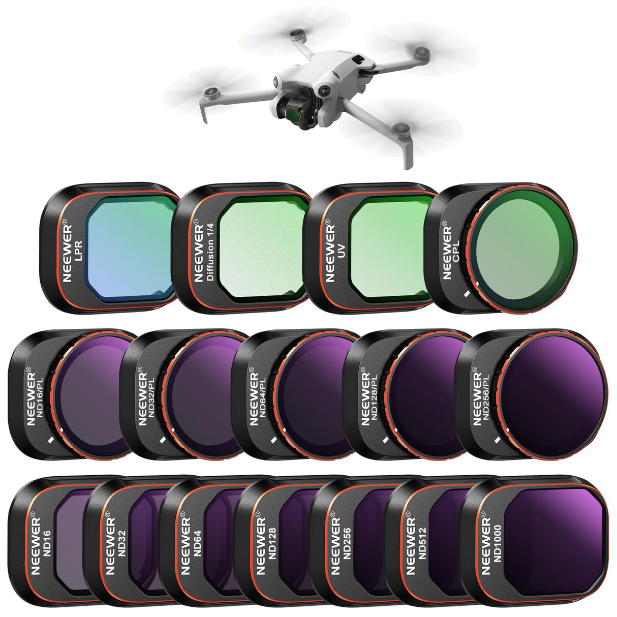 NEEWER ND & CPL & Filtro de Efecto Conjunto Compatible con DJI Mini 4 Pro, 16 Pack HD ND16 ND32 ND64 ND128 ND256 ND512 ND1000 ND16/PL ND32/PL ND64/PL ND128/PL ND256/PL UV CPL LPR, Difusión Negra 1/4