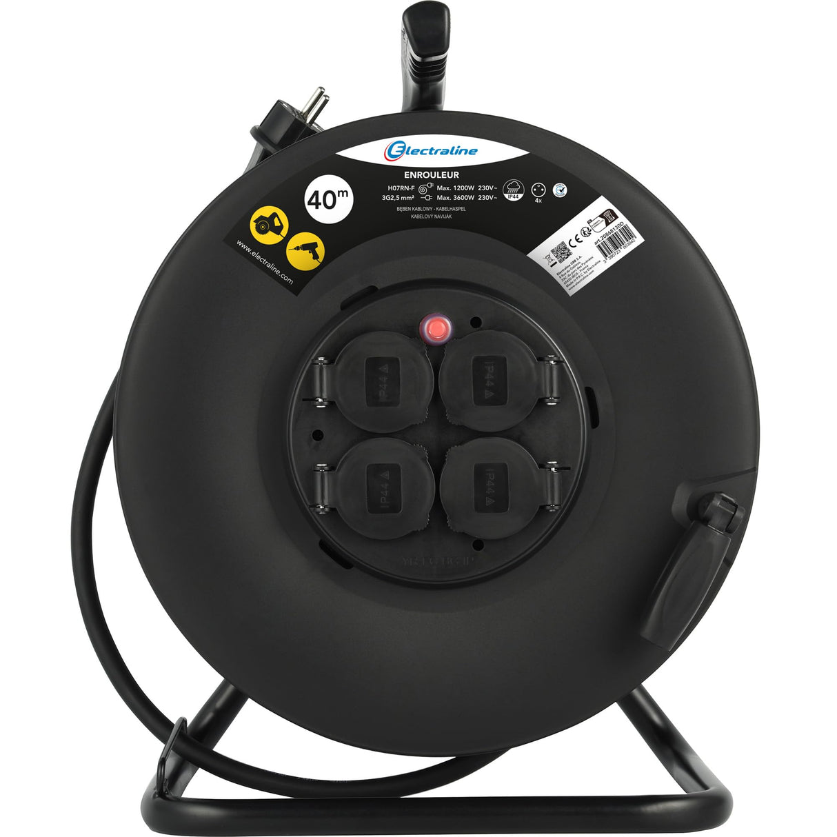 Electraline 20868130D - Cable alargador eléctrico IP44 profesional con bobinador de 40 m, cable de goma H07RN-F 3G2,5 mm², 4 enchufes 16A
