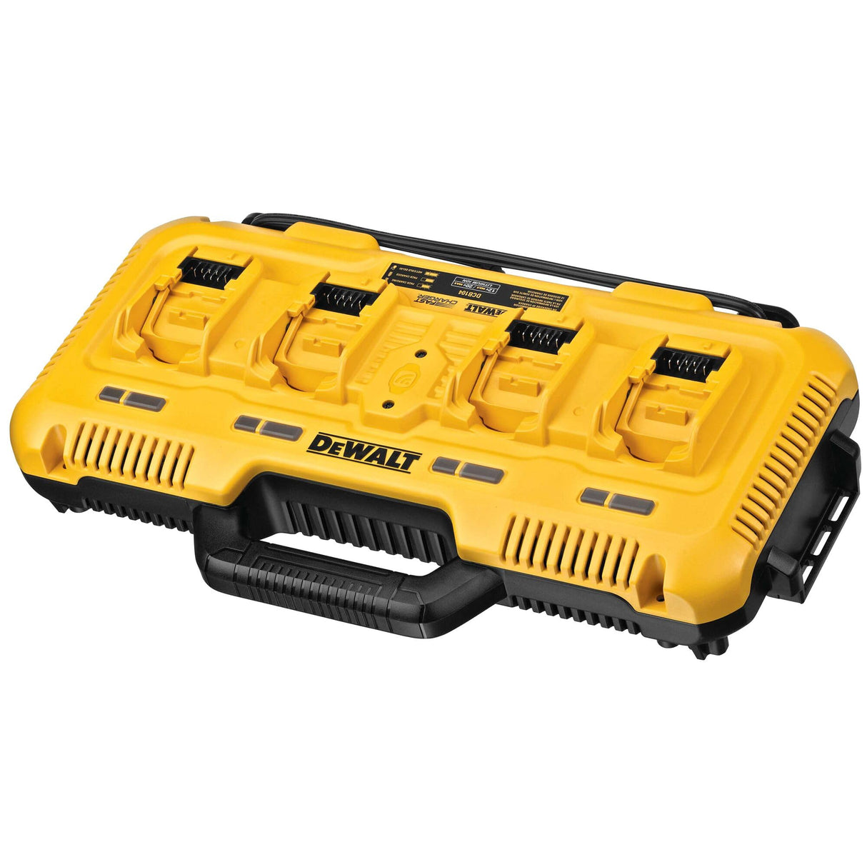 DEWALT DCB104-QW - Cargador rápido de cuatro sistemas, 18V incluyendo baterías XR Flexvolt, carga simultánea de 4 baterías, con indicador LED.