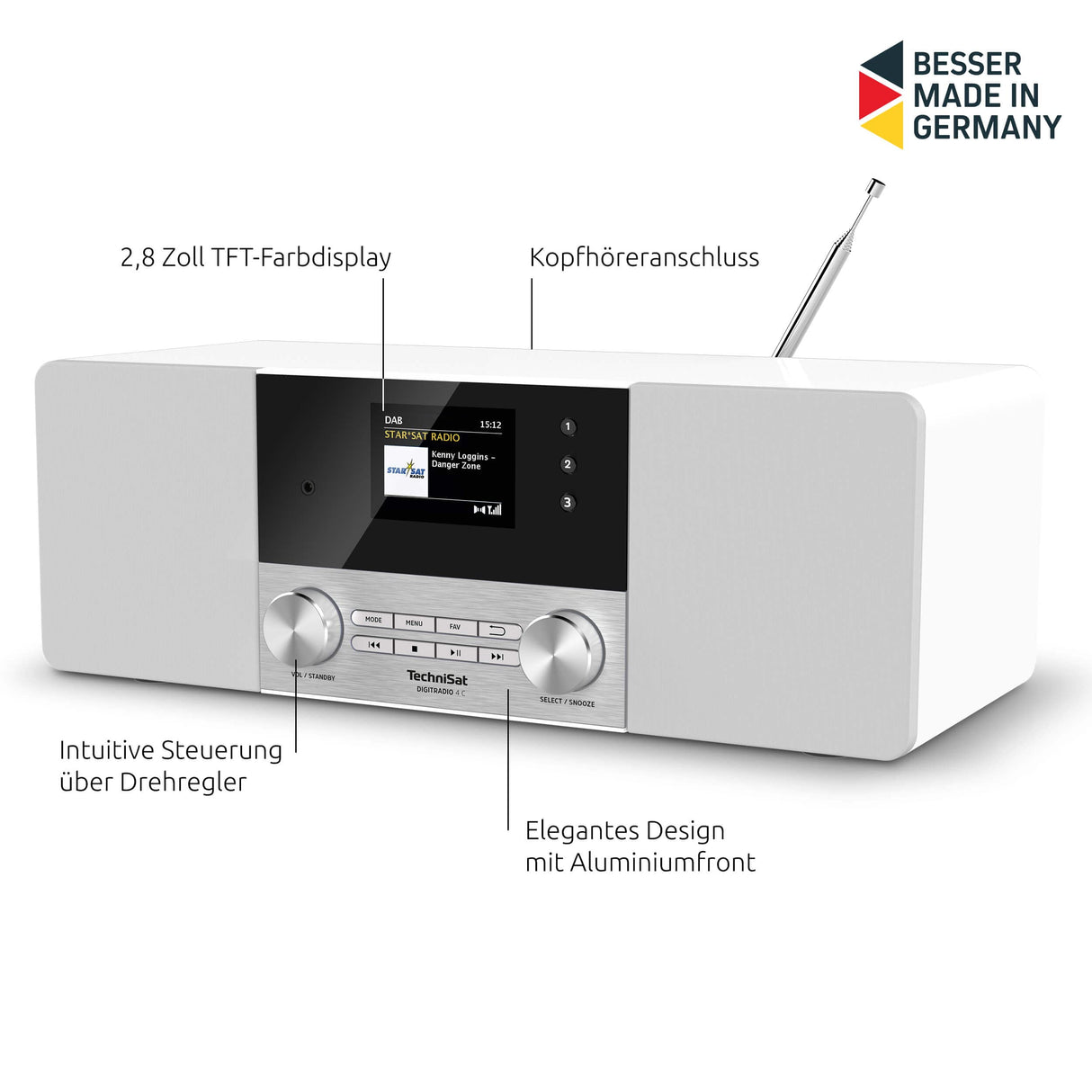 TechniSat - Radio Digital estéreo 4 C (Dab +, FM, Pantalla a Color, Bluetooth, conexión para Auriculares, Entrada Auxiliar, Pantalla OLED, 20 W RMS, Altavoz Elac), Color Blanco