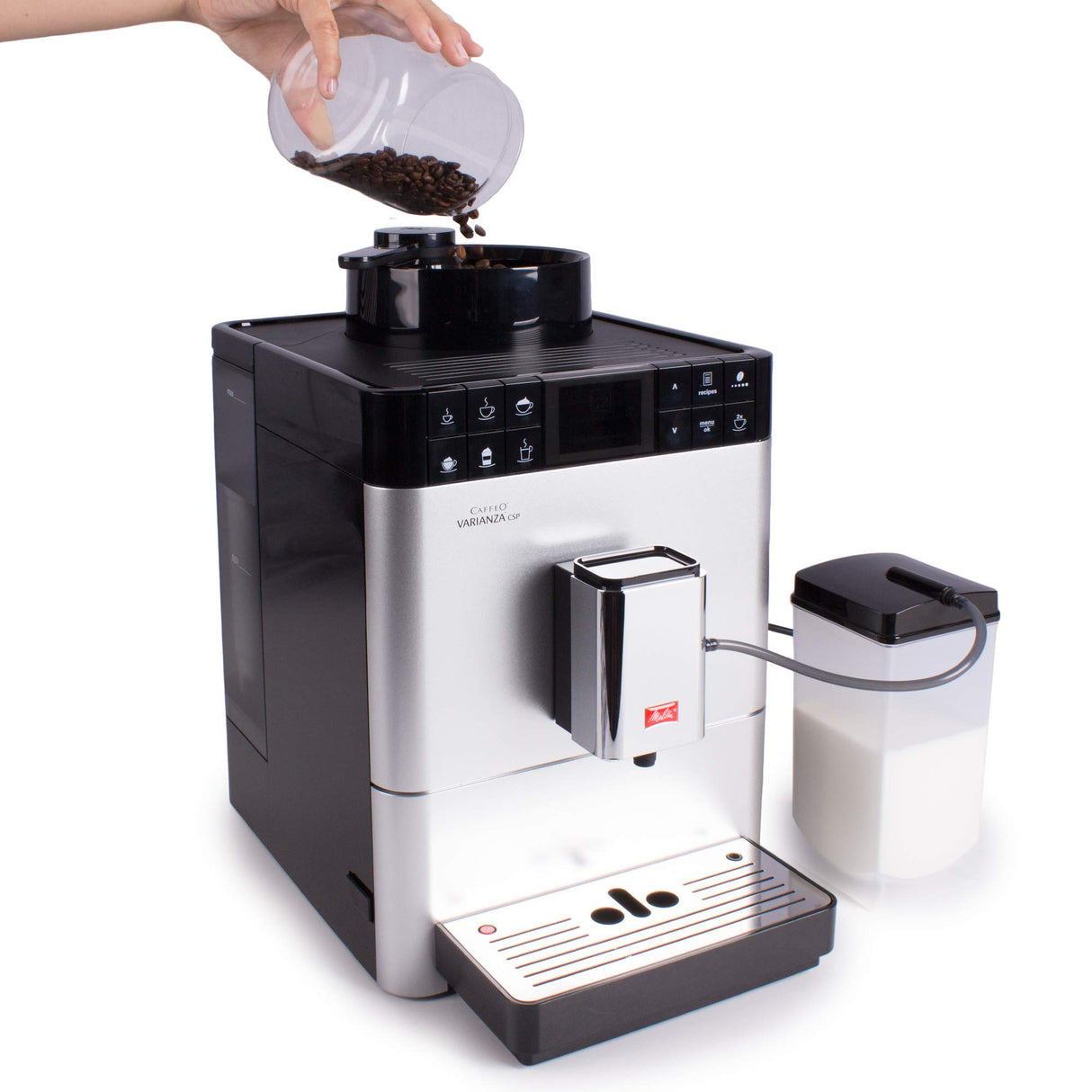 Melitta Caffeo Varianza CSP F570-101, Cafetera Molinillo, Café en Grano, Personalizable, Pantalla TFT, Limpieza Automática, 15 Bares, Plata, 1450 W, 1.2 litros, Acero Inoxidable, 5 Velocidades