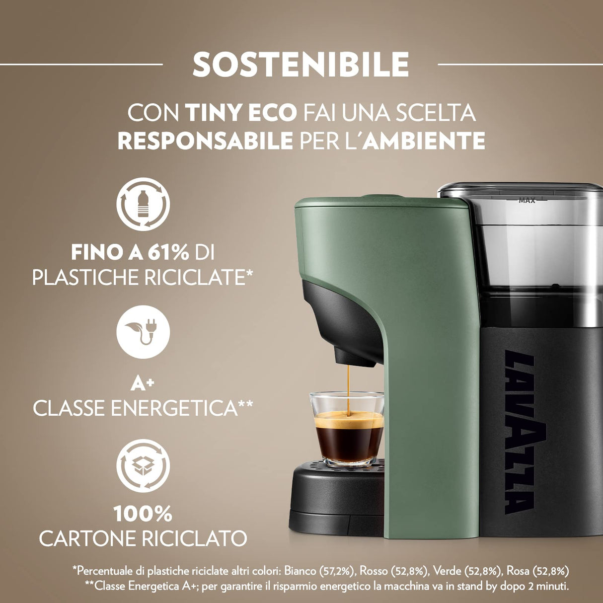 Lavazza, A Modo Mio - Máquina de café Tiny Eco verde con 64 cápsulas ¡Tierra! Surtidas, cafetera expreso de plástico reciclado, 1450 W, 220-240 V, 50/60 Hz, 0,6 litros