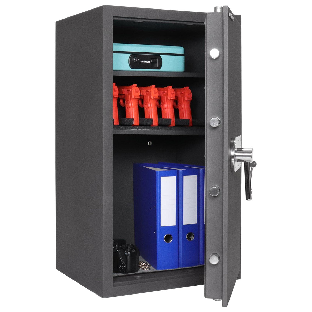 Caja fuerte Toscana 85 DB de Rottner, Color antracita, Clase de seguridad: EN-1 según CSN EN-1 1143-1 + A1:2009, Cerradura de llave de doble paletón certificada EN 1300 Clase A, Protección contra incendios, Antirrobo, Kit de fijación incluido