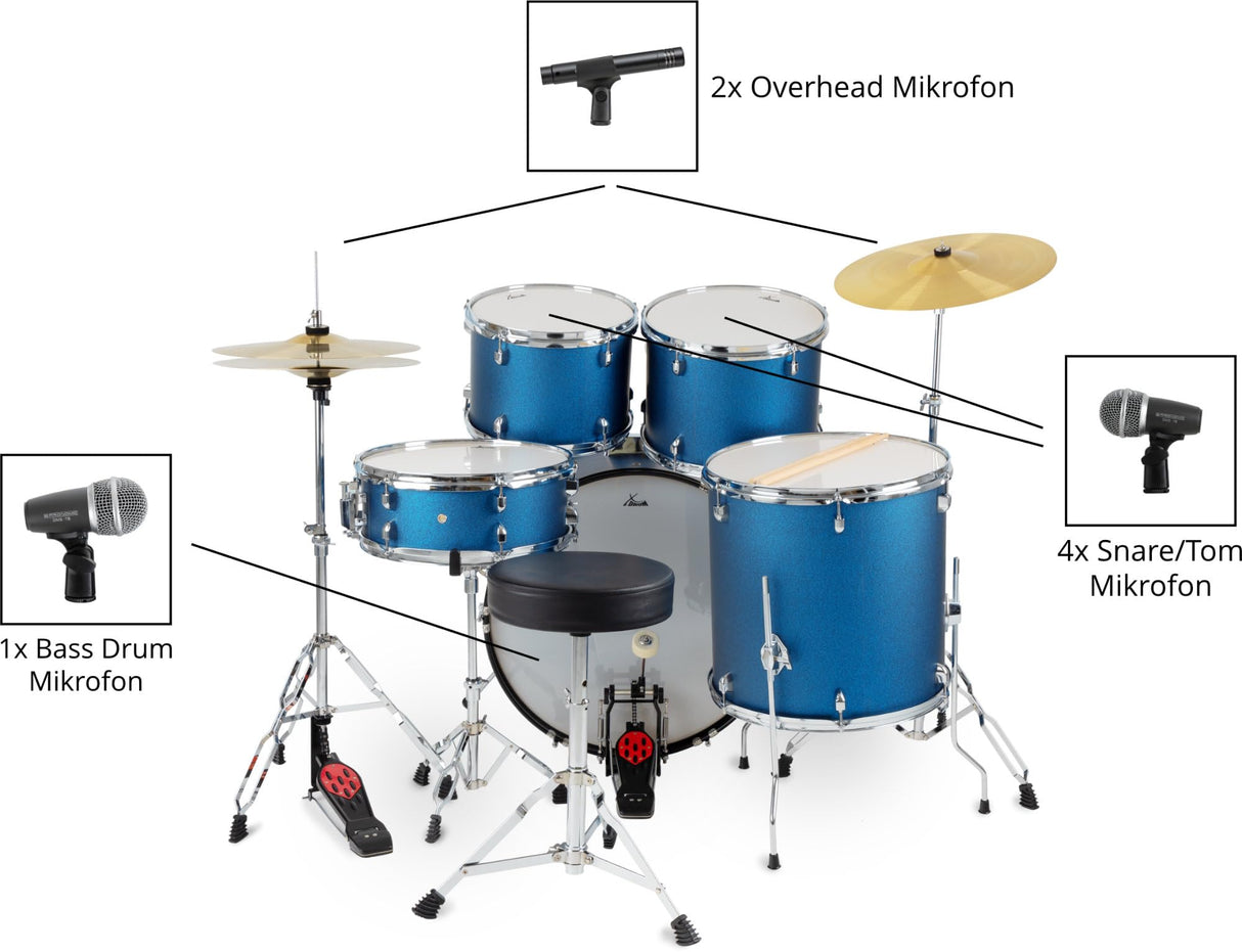 Pronomic DMS-7 Set de Micrófonos para Batería - Set de 7 Micrófonos para Escenario y Estudio - Micrófono de Grabación para Batería e Instrumentos de Percusión - Incluye Maletín