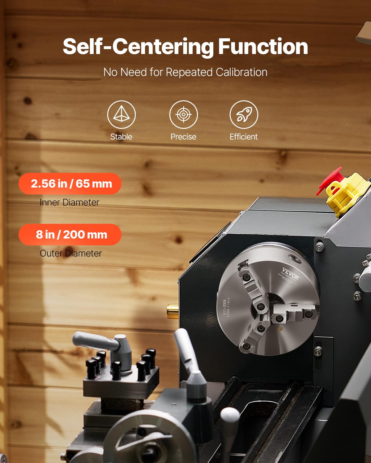 VEVOR Mandril de Torno de 3 Mordazas Diámetro Exterior de 200 mm, Autocentrante con Placa de Soporte Roscada, Rango de Sujeción de 4-200 mm con Tornillos de Llave en T para Torno de Madera y Metal