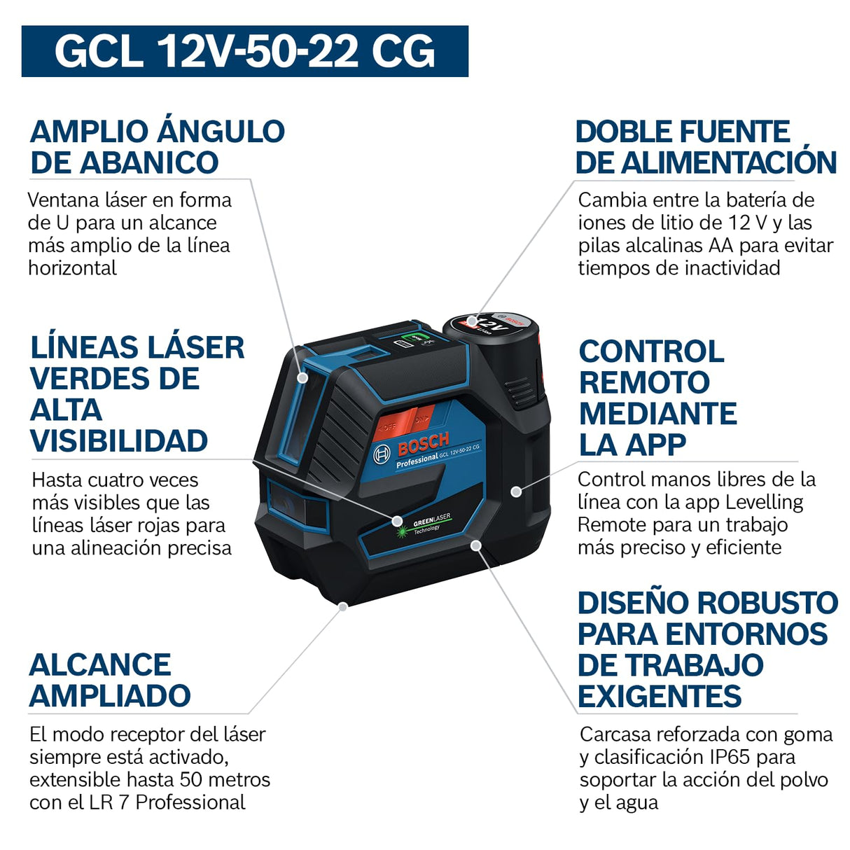 Láser combinado GCL 12V-50-22 CG de Bosch Professional (alcance de hasta 50 m con receptor, doble fuente de alimentación, soporte RM 20, adaptador de batería, 4 x 1,5 V LR6 (AA), funda)