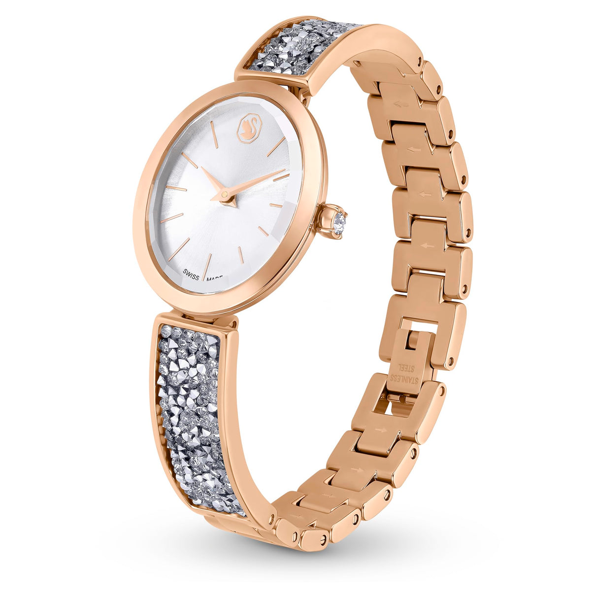 Swarovski Reloj Crystal Rock Oval, Brazalete de Metal, Acabado en Tono Oro Rosa, Blanco, Fabricado en Suiza