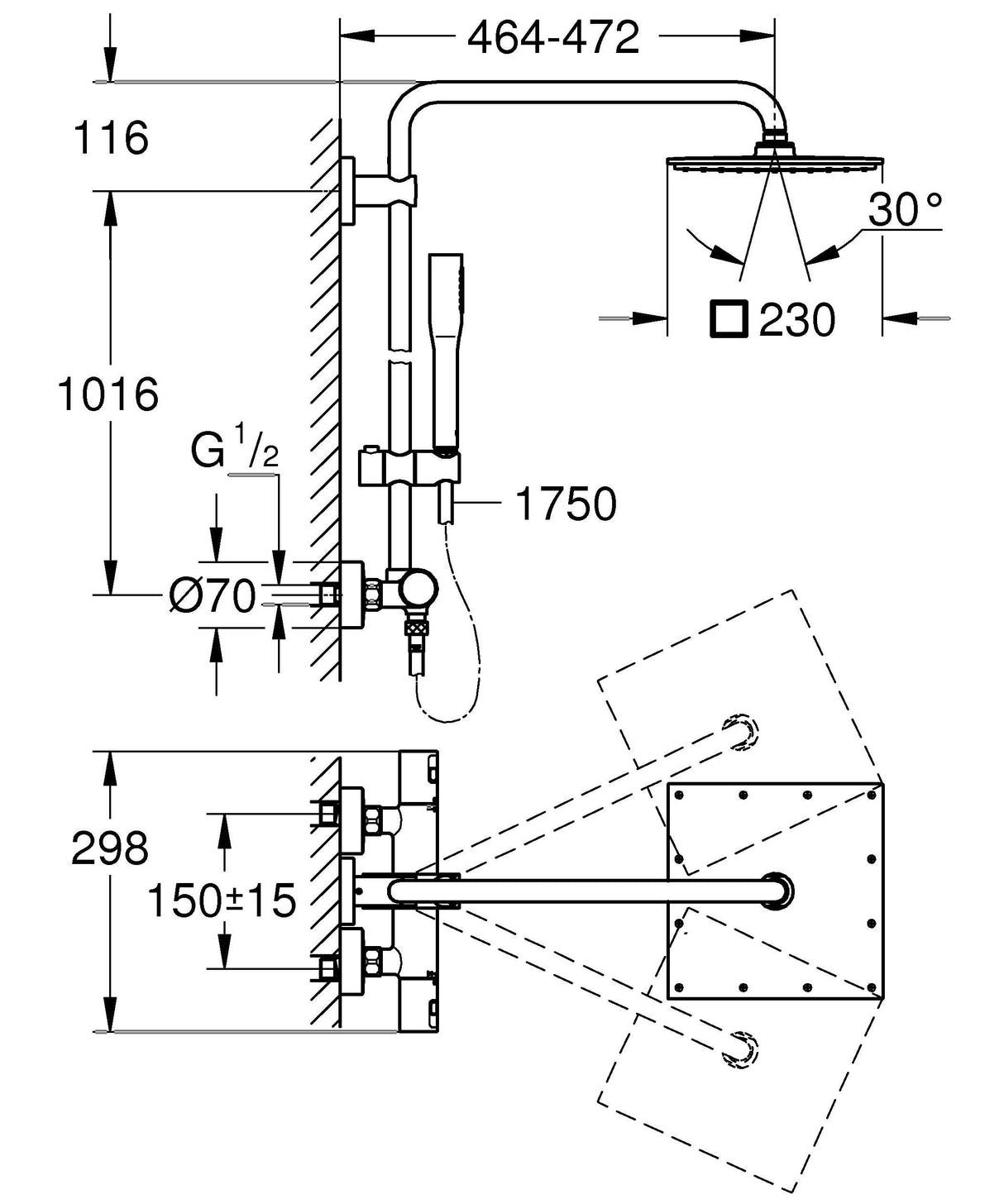 GROHE QuickFix Vitalio Joy XXL 230, Sistema ducha termostática con ducha mural 23cm, teleducha de stick, brazo de ducha 45cm y flexo 1.75 m, instalación con QuickSpanner incluída, cromo, 26365000