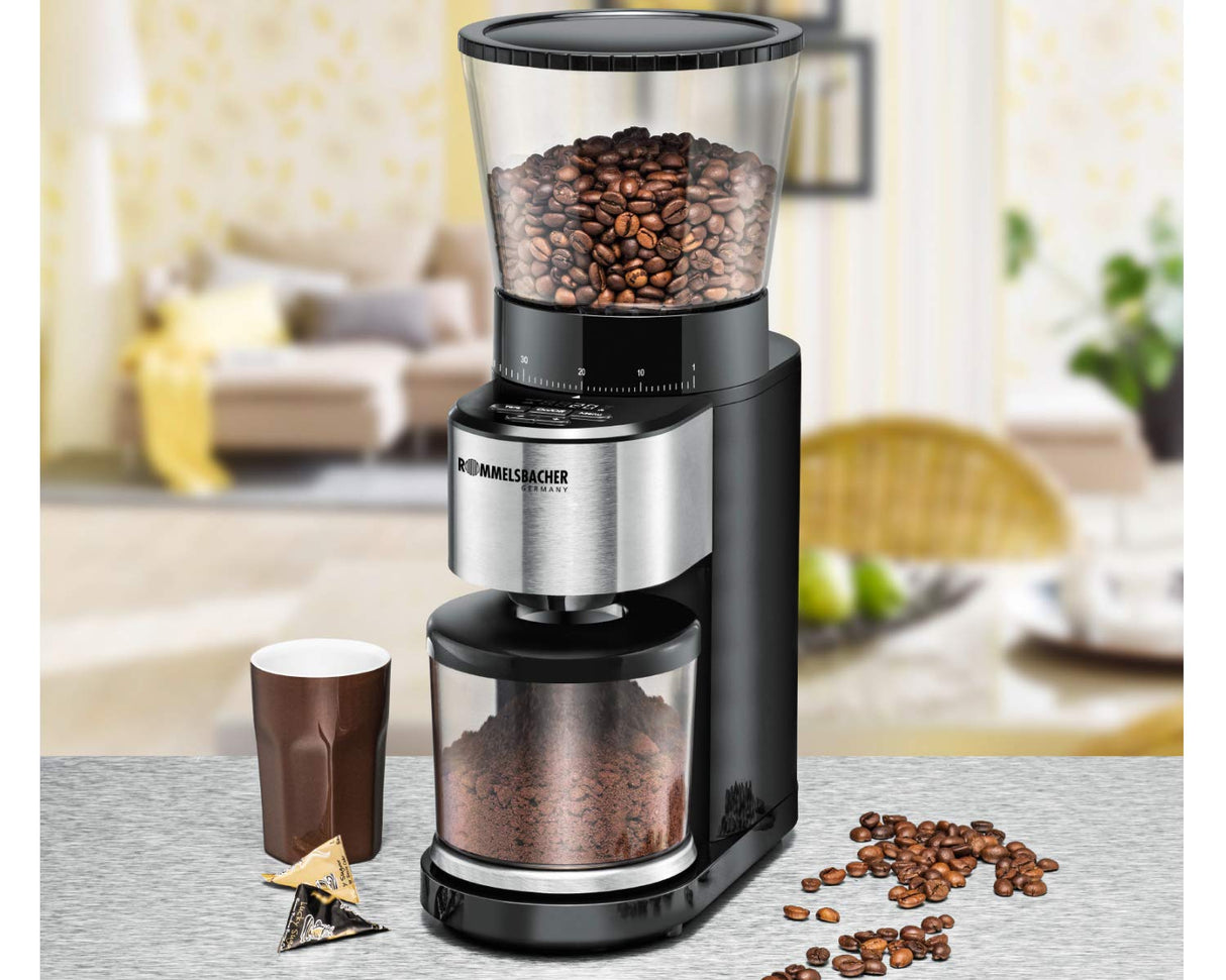 ROMMELSBACHER Molinillo de café EKM 500, mecanismo cónico, báscula de precisión, soporte para filtro, grado de molienda en 39 niveles, 5 teclas de función para uso individual y flexible