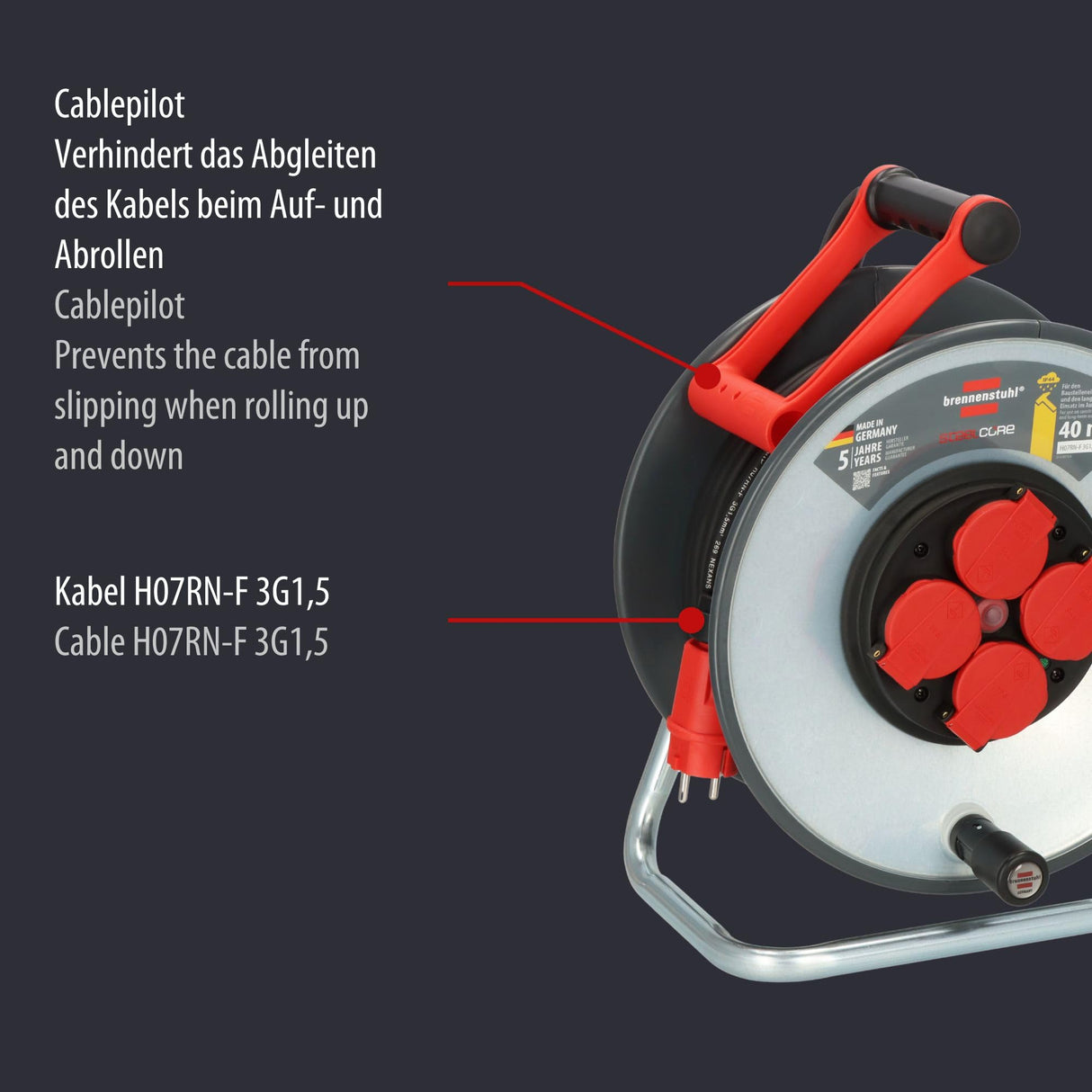 Brennenstuhl Professional SteelCore Carrete SC 4100 IP44 (40 m, cuerpo de tambor de chapa, uso en obra y uso en exteriores permanente, fabricado en Alemania)