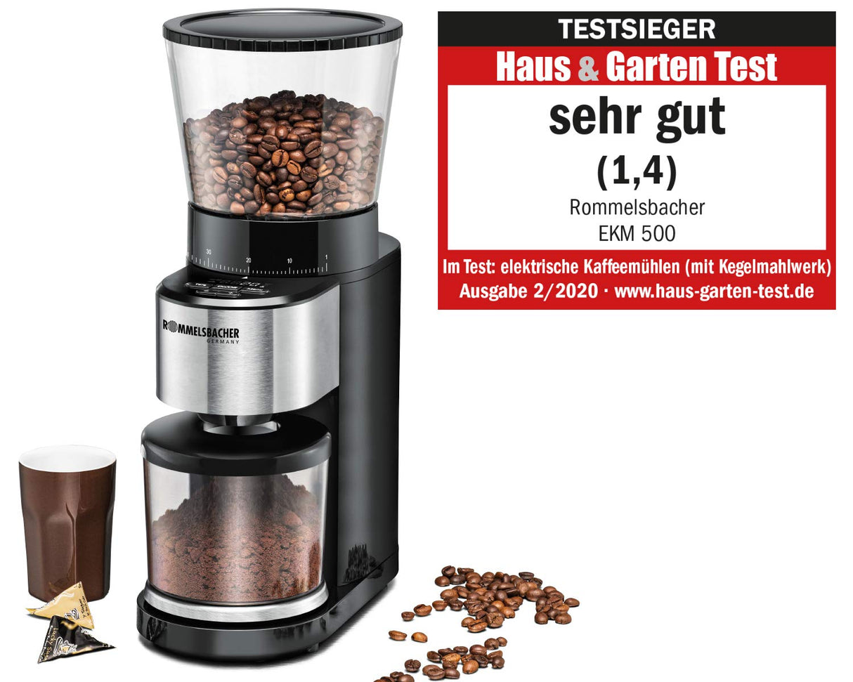 ROMMELSBACHER Molinillo de café EKM 500, mecanismo cónico, báscula de precisión, soporte para filtro, grado de molienda en 39 niveles, 5 teclas de función para uso individual y flexible