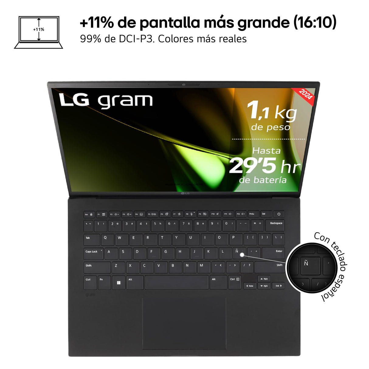 LG Gram 14ZD90S-G.AX75B - Portátil Ultraligero de 35.5 cm (14") 1920x1200, Panel IPS Antirreflejo, Intel Core Ultra 7, 16 GB RAM, 512GB SSD, 1,120 g, Batería hasta 29.5 h, FreeOS, Negro Obsidiana