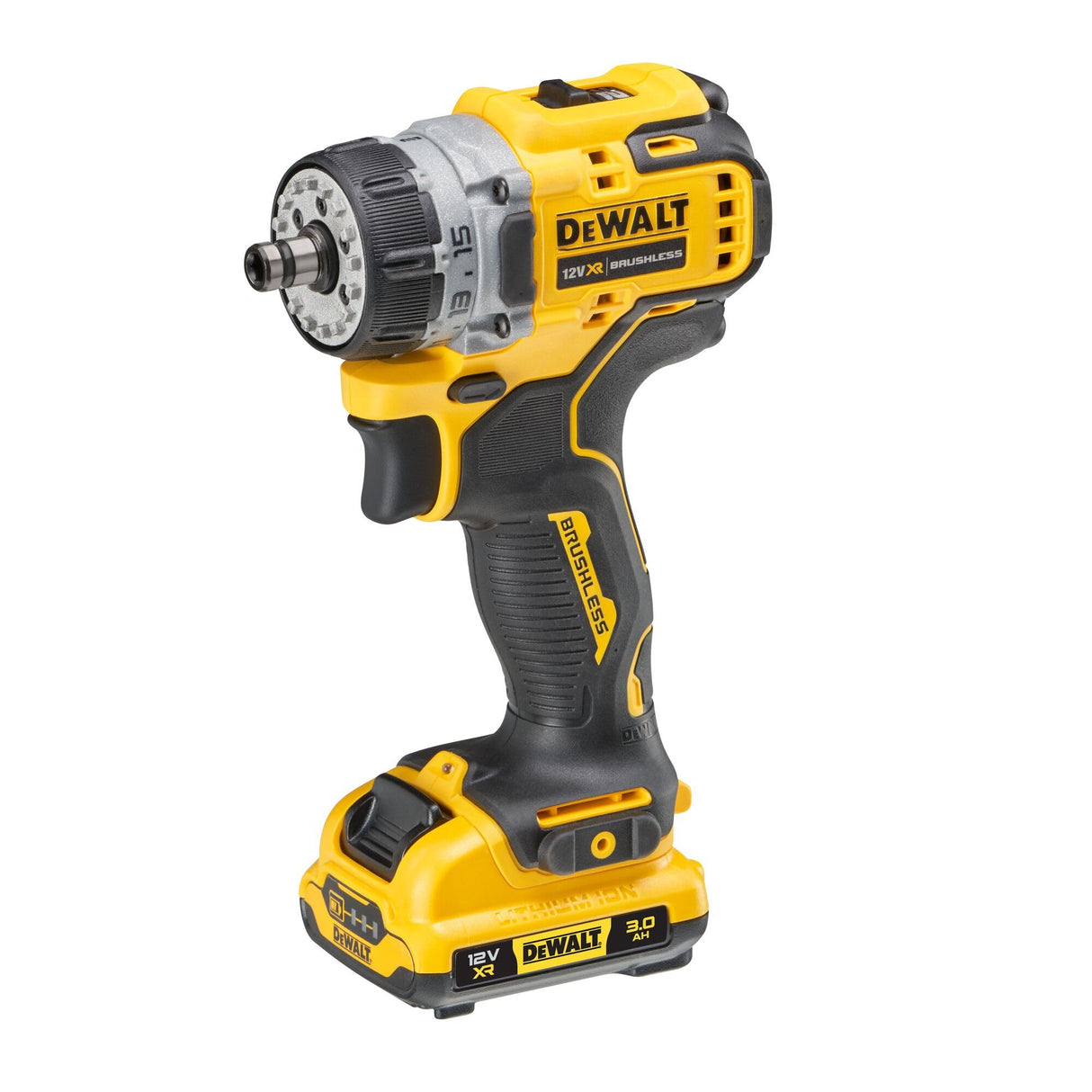 DEWALT DCD703L2T-QW - Destornillador eléctrico 12V, 2 velocidades, 3Ah, Motor sin escobillas, 4 herramientas intercambiables, Incluye 2 baterías, cargador, clip de cinturón de metal y caja TSTAK