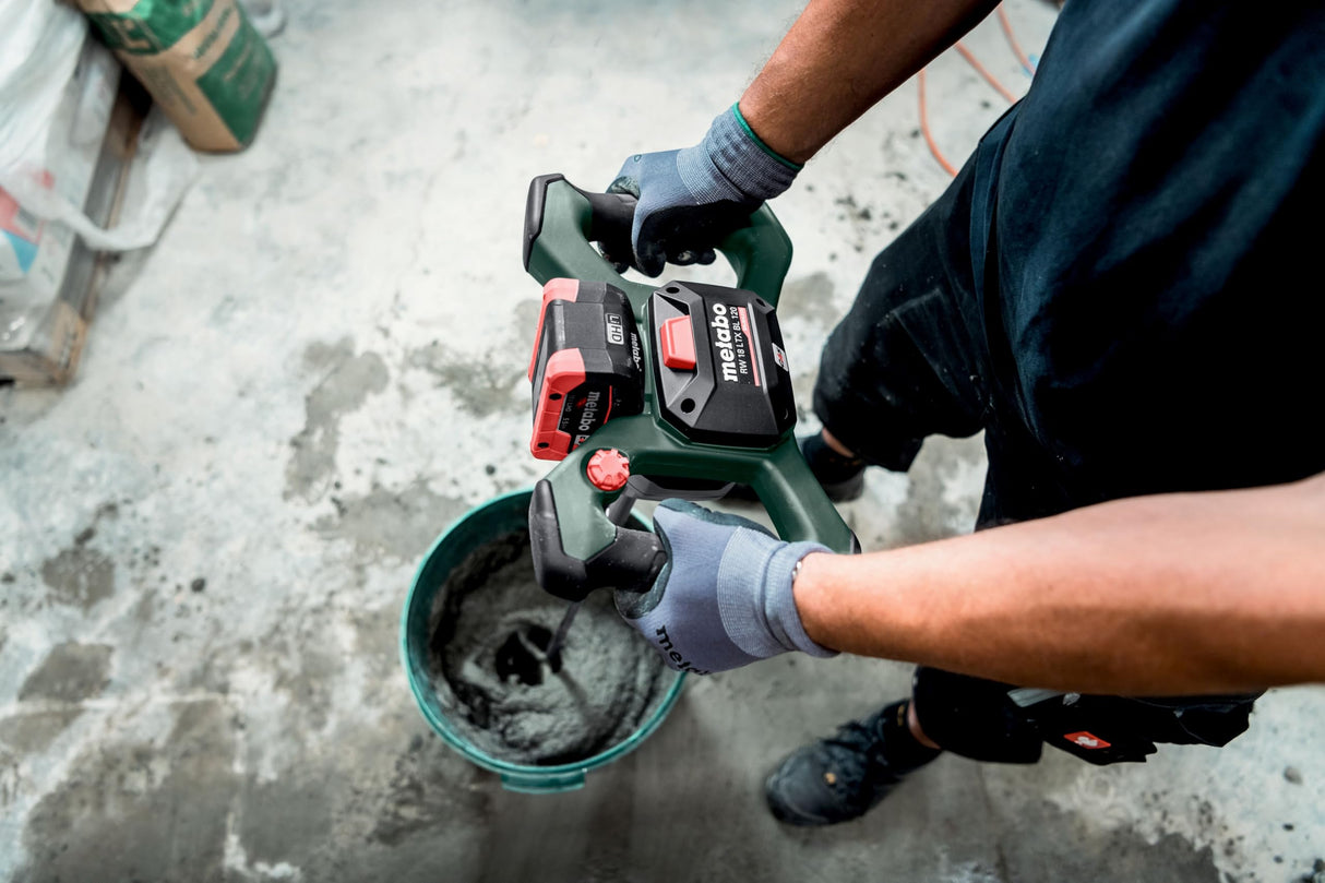 Metabo Agitador de Batería 18V RW 18 LTX BL 120 | Motor Sin Escobillas, Parada Rápida, 30L Mezcla Eficiente, Seguridad Mejorada, Manejo Ergonómico Avanzado