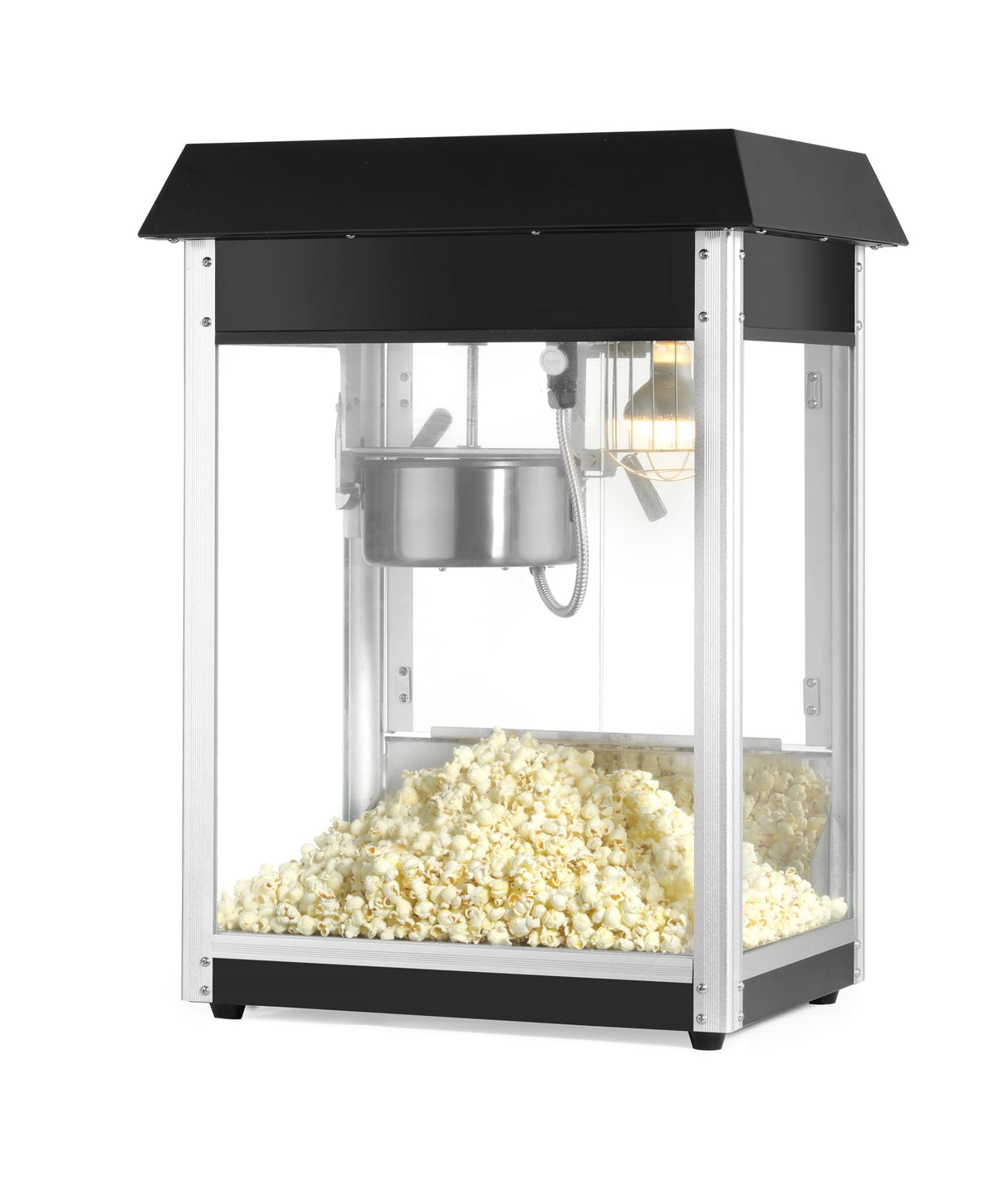 HENDI Máquina para hacer palomitas de maíz, palomitero, con bandeja recogemigas, 230V, 1500W, 560x420x(H)770mm, aluminio, acero inoxidable, cristal templado, negro