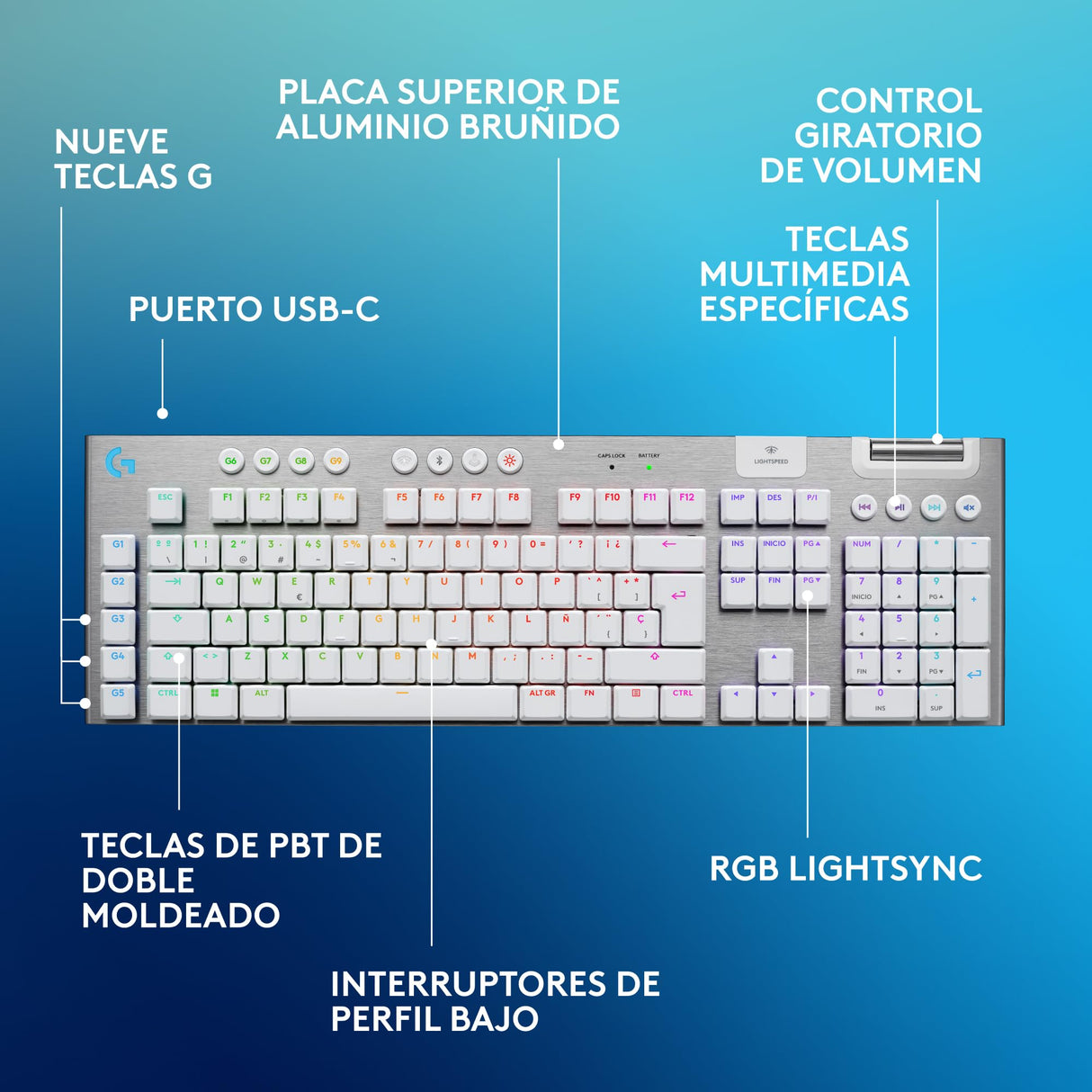 Logitech G G915 X LIGHTSPEED Teclado para gaming inalámbrico de perfil bajo, teclas de PBT de doble moldeado, elegante acabado en aluminio, interruptores táctiles marrones GL,PC/Mac,QWERTY US - Blanco