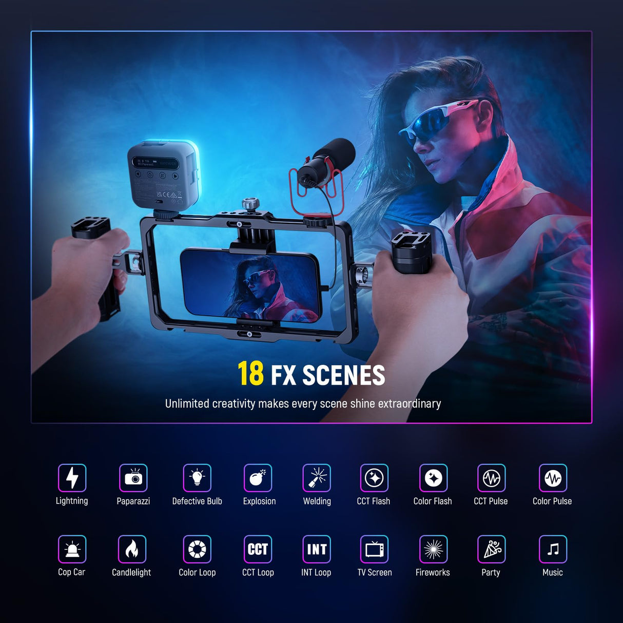 NEEWER Luz de Vídeo RGB Magnética Mini Luz LED Cámara 360° Todo Color con CRI96+ 2500-9000K 18 Escenas 3 Zapata Fría y 1/4" 2000mAh Recargable Portátil Iluminación Fotografía con Trípode/Selfie,BL60C
