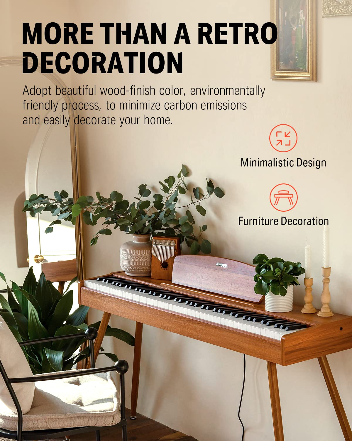 Donner DDP-80 Teclado de Piano Marrón Madera Digital 88 Teclas Ponderadas, Acción de Martillo II, Doméstico de Tamaño Completo con Soporte, Triple Pedal, Conexión MIDI