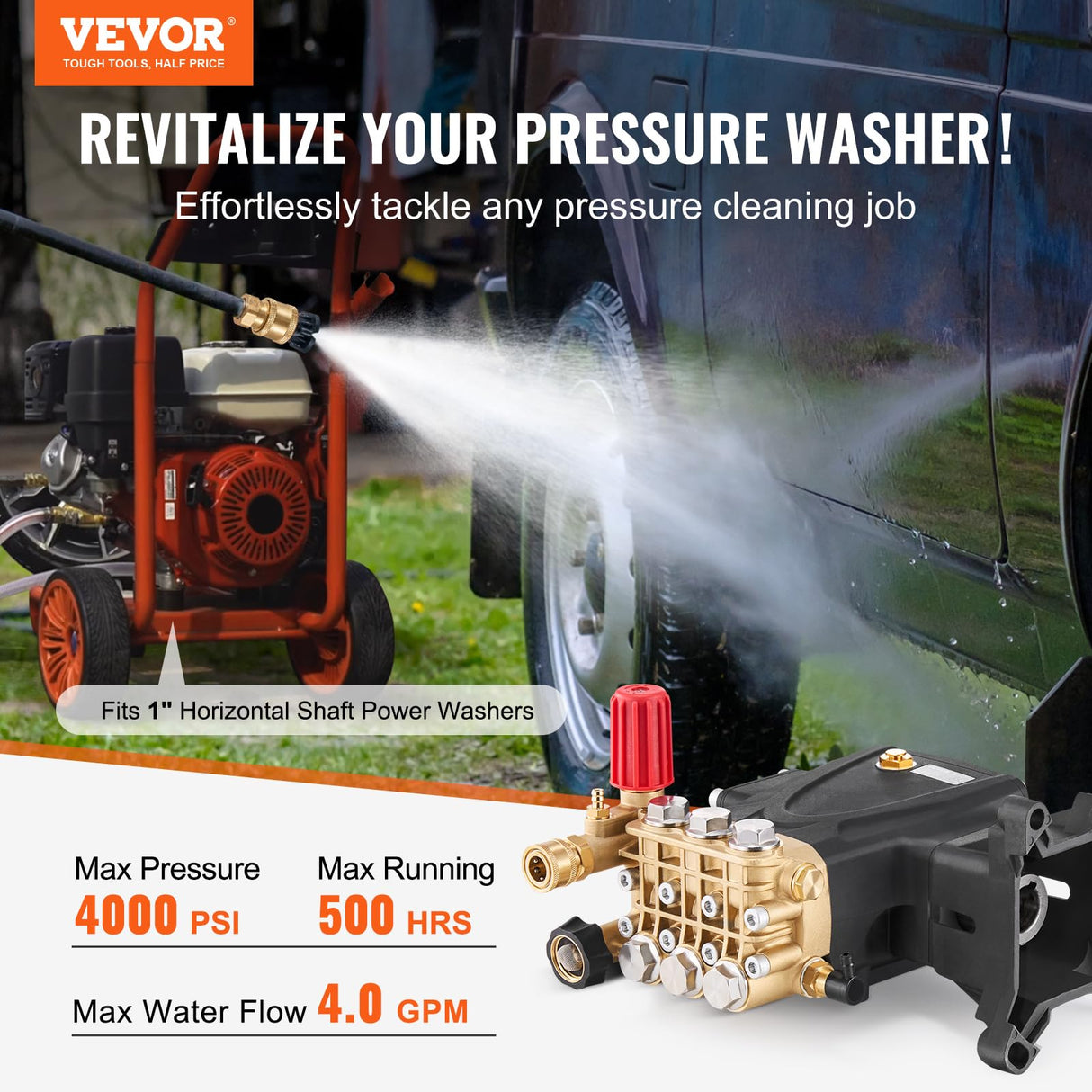 VEVOR Bomba para Hidrolavadora Émbolo Triple Horizontal con Eje de 25,4mm 4000 PSI 4,0 GPM Kit de Repuesto para Hidrolavadora con 5 Boquillas, Compatible con Simpson MorFlex 40224, 40225, 40226