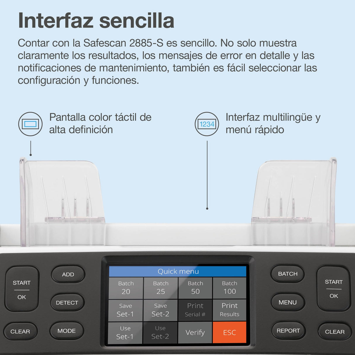 Safescan 2885-S Contadora de billetes, cuenta el valor de billetes mezclados incluyendo USD - Contadora detectora de billetes falsos en 7 puntos - Máquina para contar billetes con interfaz multilingüe