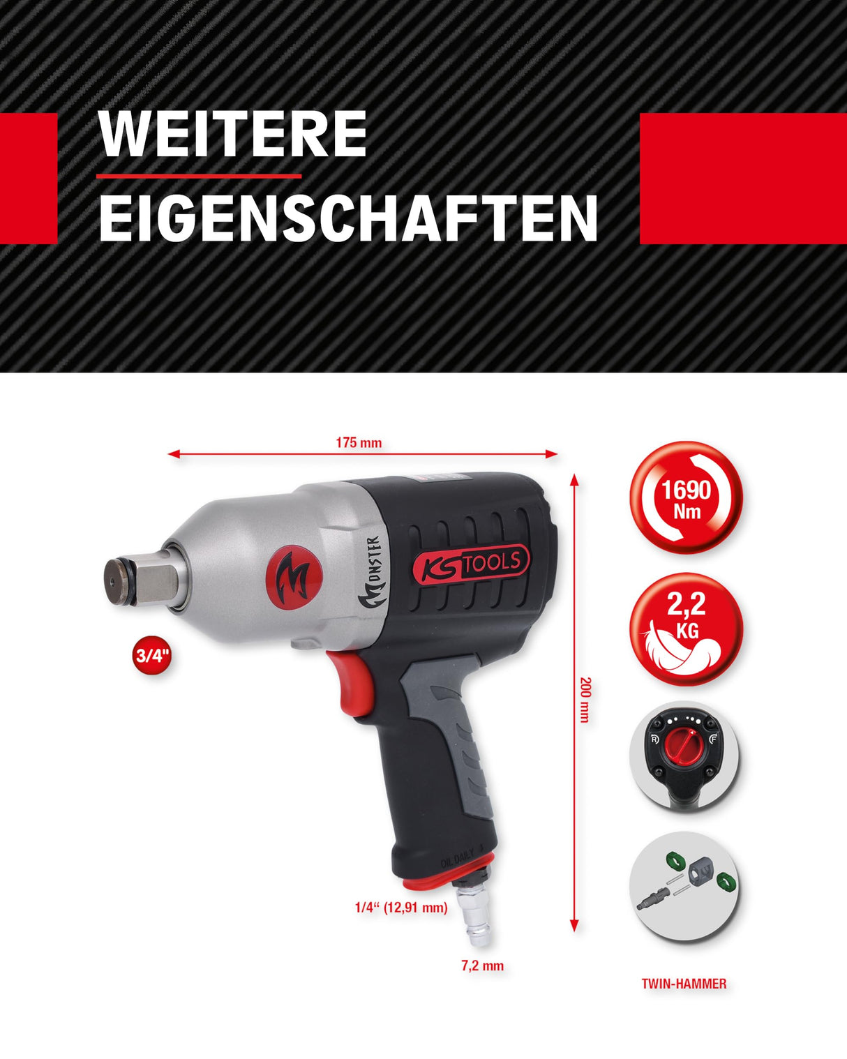KS Tools 515.3785 Atornillador de impacto neumático de alta potencia de 3/4" MONSTER, 1690 Nm