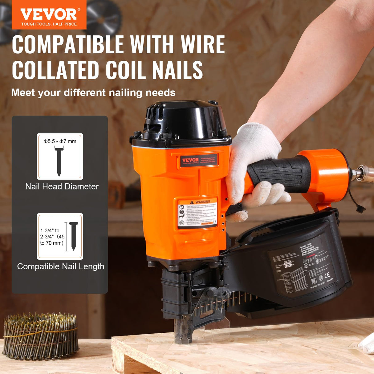 VEVOR Clavadora de Bobinas para Revestimiento MCN70, 45 a 70 mm de 15 Grados, Clavadora de Bobinas de Aire de 70-120 PSI para Palés, Cajas, Marcos, Revestimientos y Cercas, 340 x 320 x 130 mm