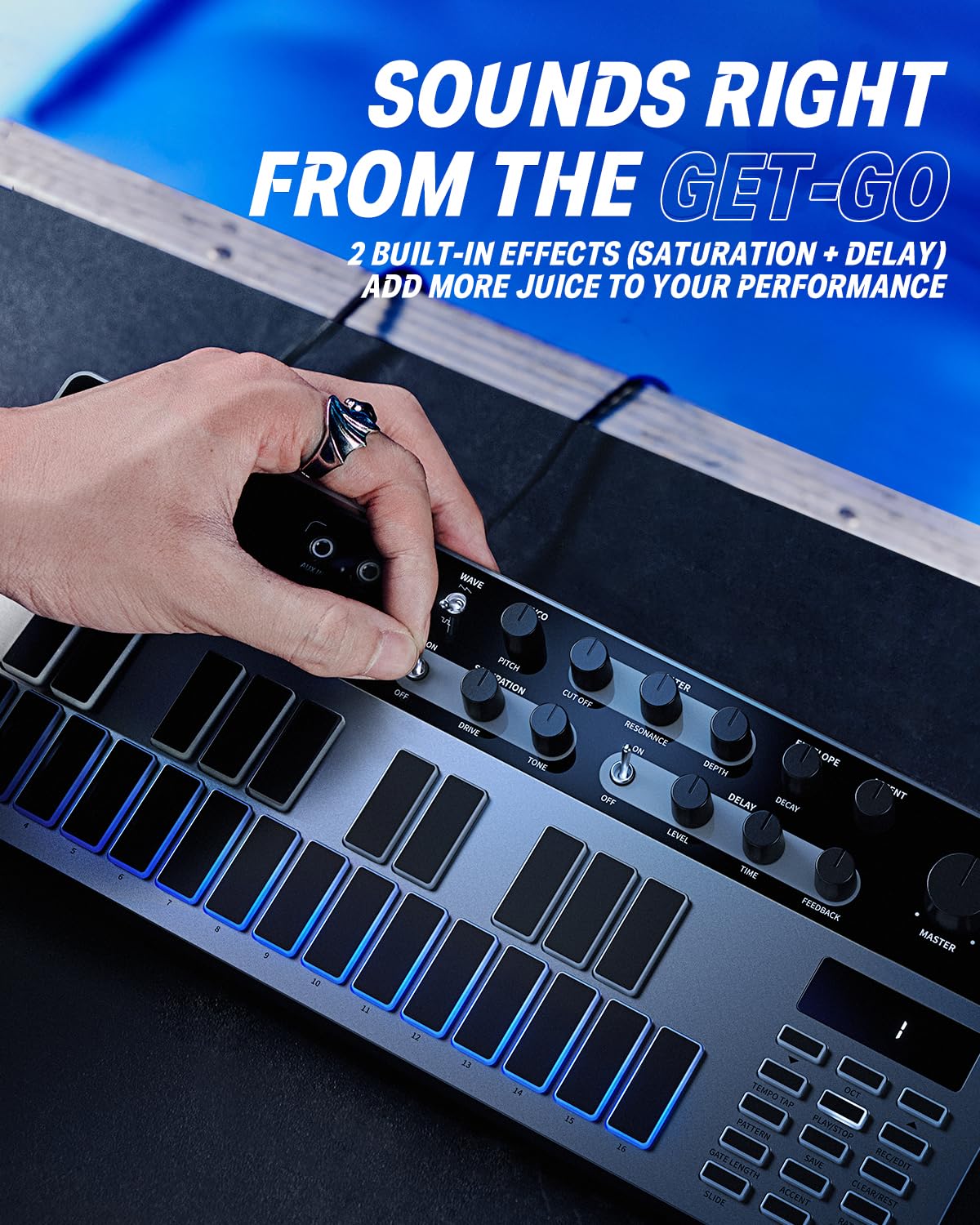 Sintetizador de bajo analógico y secuenciador, Donner Essential B1 con interfaz de usuario intuitiva, memoria de 128 patrones, efectos de saturación y retardo, ideal para un sonido de ácido clásico