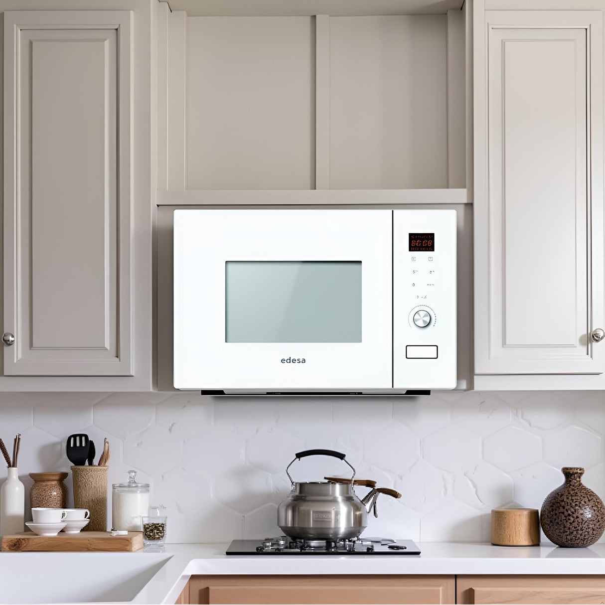 EDESA Microondas EMW-2020-IG WH de encastre de 20 litros, 800W y con grill 1000W Recinto interior de acero inoxidable Funciones de Descongelación y calentamiento Ancho 59.5 Color Blanco