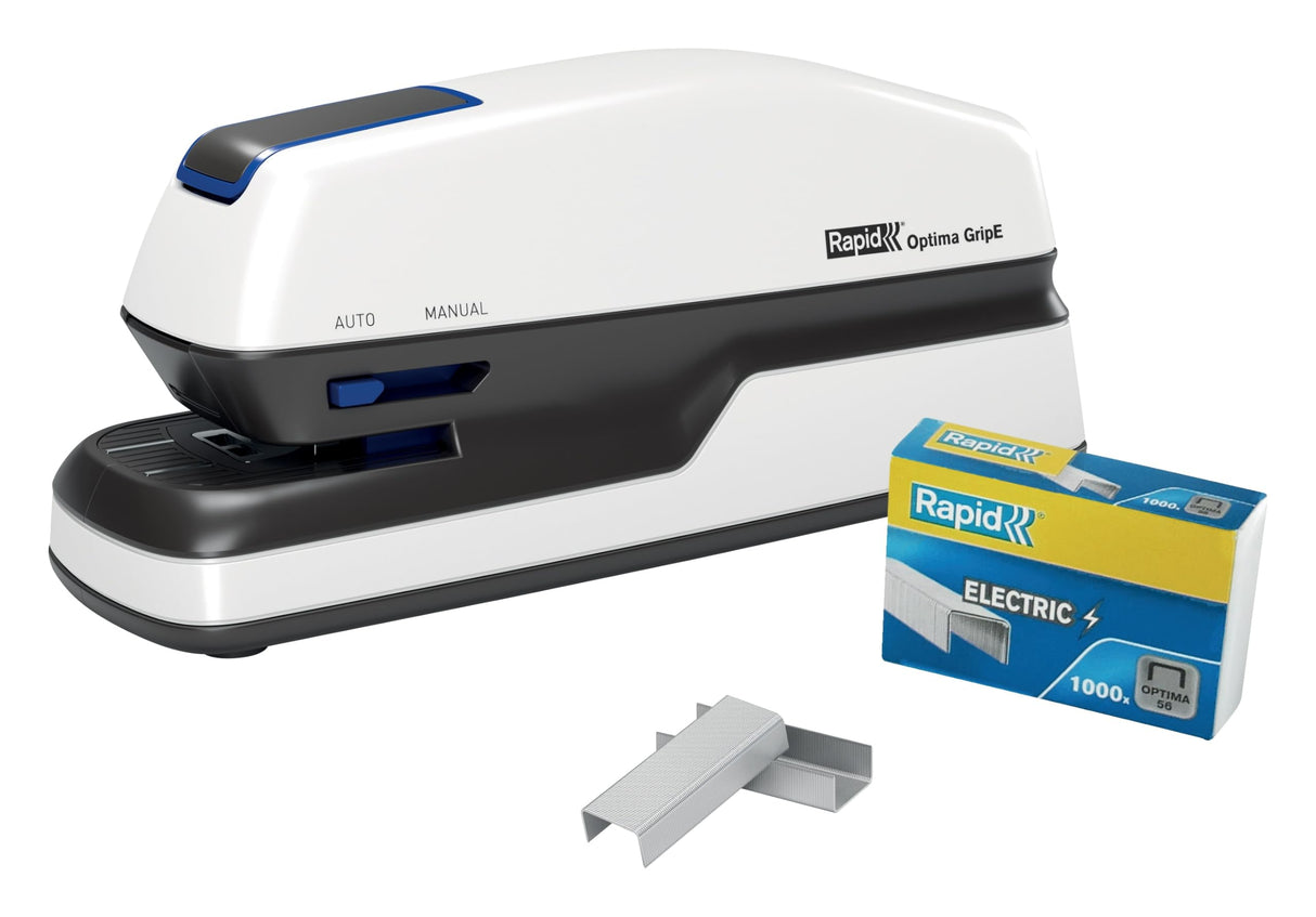 Rexel Rapid Grapadora Eléctrica Contactless Optima GripE, Grapadora Automática con 1000 Grapas Incluidas, Grapadora Color Blanco, Hasta 20 Hojas, 2102349