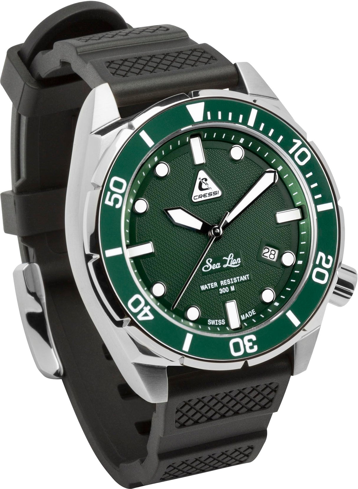 CRESSI Sea Lion Watch Plata/Verde 300m - Reloj de Buceo Profesional Unisex, Paraggi Edición 100% Swiss Made, Estanco hasta 300 Metros