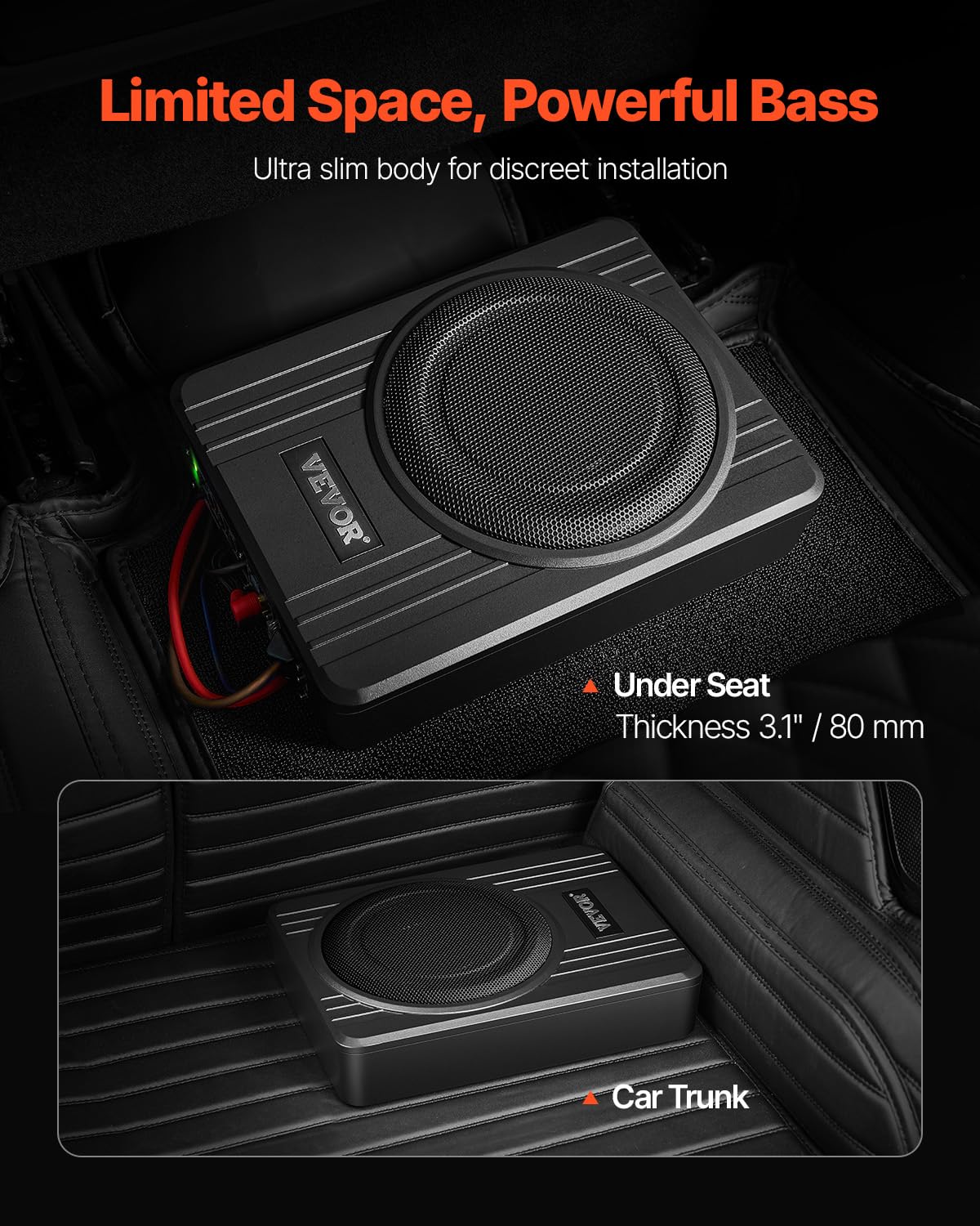 VEVOR Subwoofer para Debajo del Asiento para Automóvil 254 mm 300 W Altavoz Compacto para Coche Amplificador Incorporado Entrada Bajo Controlador de Volumen Control Remoto con Cable