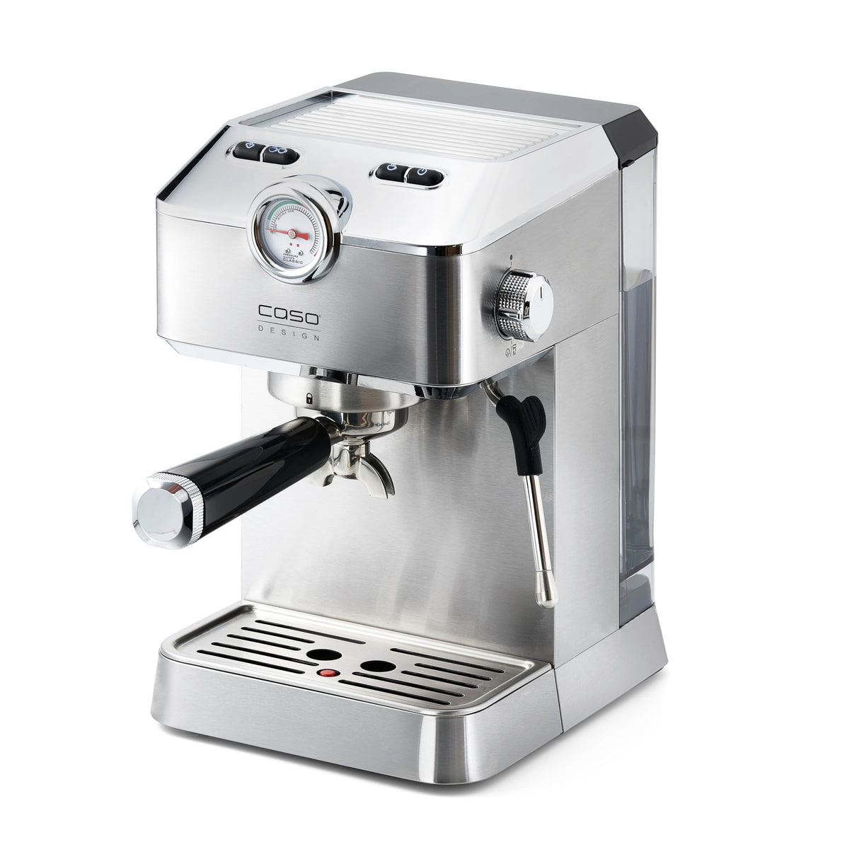 Caso Espresso Gourmet - Cafetera de acero inoxidable con bomba Ulka 19 bares con espumador de leche, para café en polvo o cápsulas ESE, para 2 tazas, con placa calefactora para taza